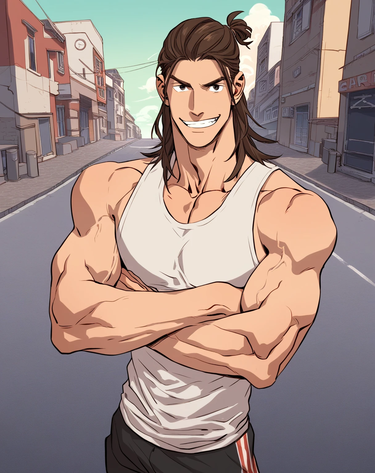 score_9, score_8, 1boy, solo, giant_this_guy, lean, athletic, long hair, man bun, brown hair, crossed arms, veiny arms, looking at you, sexy grin, front view, tank top, street, sky, outdoors, from above, pectorals, shorts<lora:EMS-445645-EMS:0.800000>