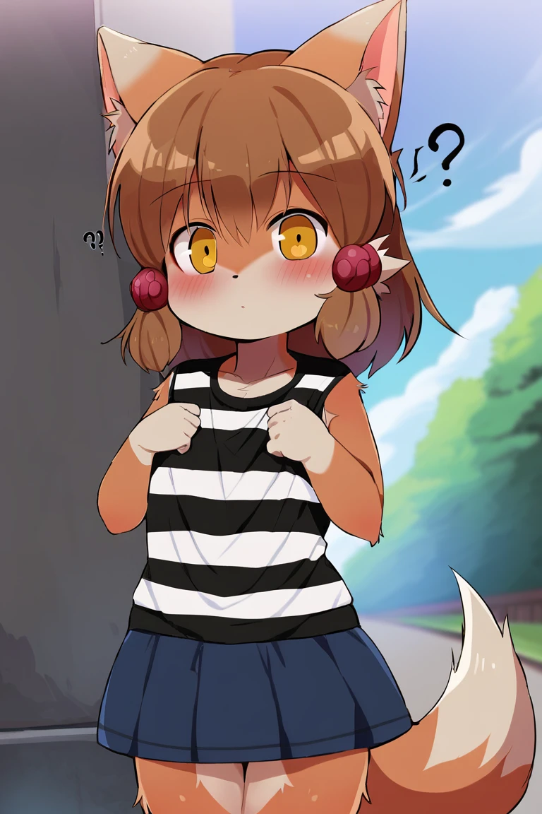 solo, 1boy, male, furry, body fur, brown fur, animal ear fluff, short hair, brown hair, hair beads, hair bobbles, dog ears, dog tail, yellow eyes,  cute face, detailed eyes, perfect anatomy, detailed skin, perfect hands, perfect face, BREAK shirt, striped shirt, blue skirt, BREAK ?, curious, blush, standing, school entrance, outdoors, colorful, dutch angle, BREAK ((ultra-detailed)), ((best quality)), ((best quality)), ((beautiful eyes)), ((extremely detailed)), 4K, (8K), best quality, (beautiful), Master piece, highres, score_9, score_8_up, score_7_up, score_6_up, score_5_up, score_4_up, colorful, best quality, official art, highres, masterpiece, nai3, god light, detailed background, high quality background, AddXL, <lora:more_details:1> <lora:light_sharp_style_magin3.1-000040:1> <lora:Perro-kun_Dagasi:1>