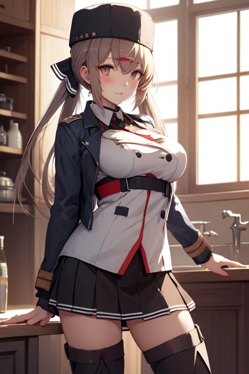 russian clothes, jacket, hat, shirt, hairclip, large breasts, low twintails, skirt, boots, tashkent (kancolle), hair bow, <lora:2673a90c-6c8e-4038-9103-84739bd0bb8e:0.7>