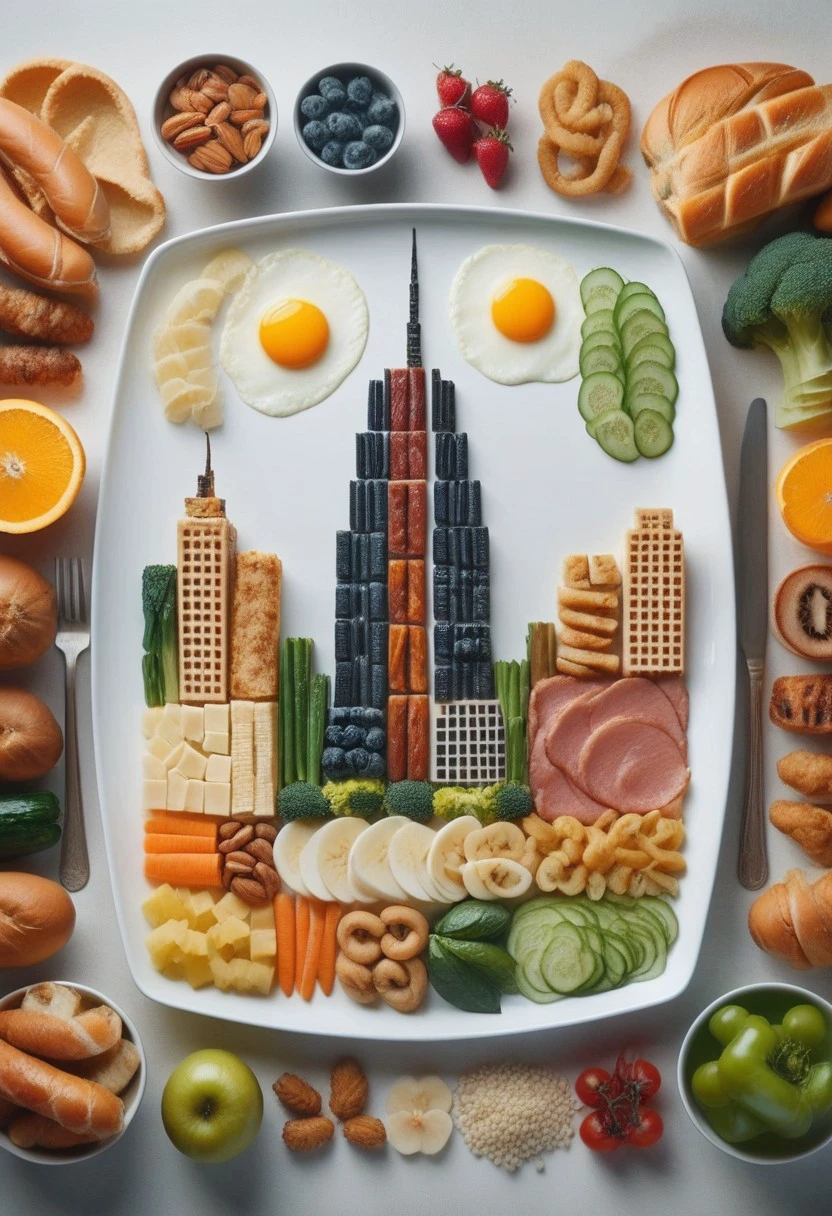 score_9, score_8_up, score_7_up, BREAK, f00df0rm, food, skyscraper, fruit, vegetables, meats, grains , still life