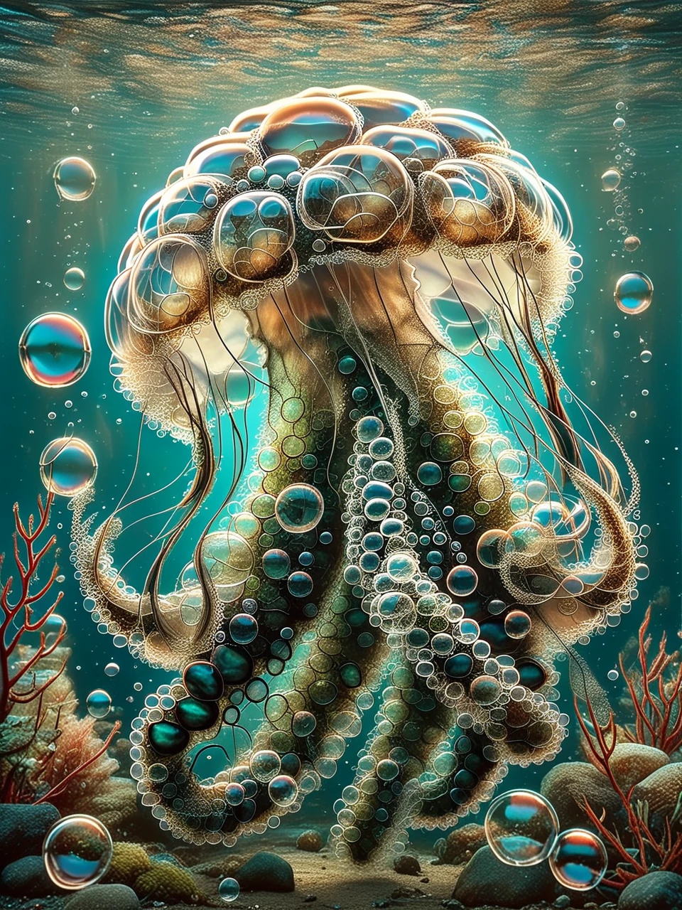 photo of soapbubbles jellyfish, underwater, high detail, perfectly balanced, neo-expressionist, , reflections, dark, splatter art, by Greg Manchess