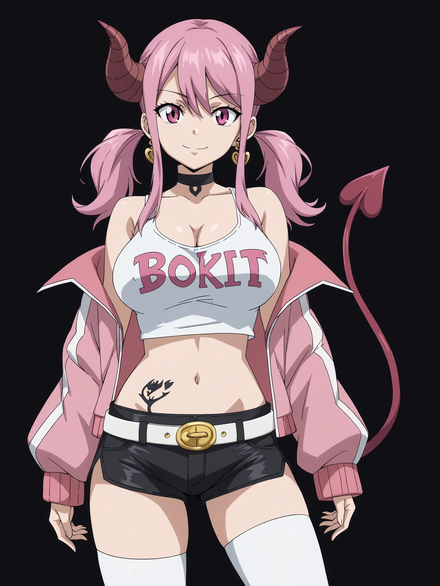 score_9, score_8_up, score_7_up, score_6_up, score_5_up,
1girl, solo, breasts, tail, pink_hair, horns, demon_tail, shorts, jacket, twintails, large_breasts, smile, looking_at_viewer, long_hair, navel, choker, black_background, pink_eyes, short_shorts, belt, demon_girl, covered_nipples, pink_jacket, demon_horns, simple_background, tank_top, open_jacket, cleavage, black_shorts, open_clothes, thighhighs, off_shoulder, bare_shoulders, closed_mouth, head_tilt, hair_between_eyes, cowboy_shot, jewelry, micro_shorts, collarbone, black_choker, white_thighhighs, crop_top, bangs, earrings, clothes_writing, shirt, midriff, standing, see-through, contrapposto, long_sleeves
<lora:Fairy_Tail:.75>