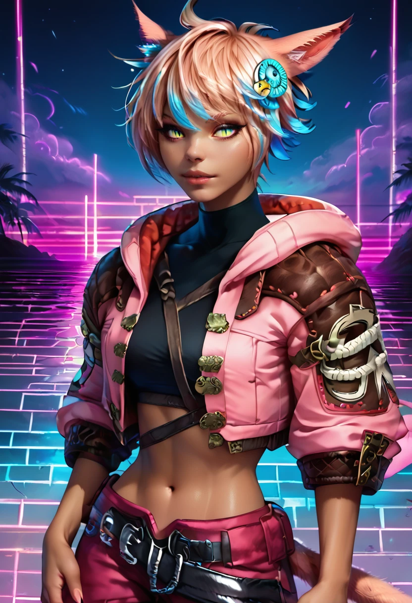 zPDXL2,,1girl,solo,yaana,miqo'te,hair ornament, cowboy shot, feline eyes, beautiful eyes, midriff, cropped jacket, synthwave background, neon lights,  vibrant colors <lora:Yaana_Black_Cat_Pony:1>