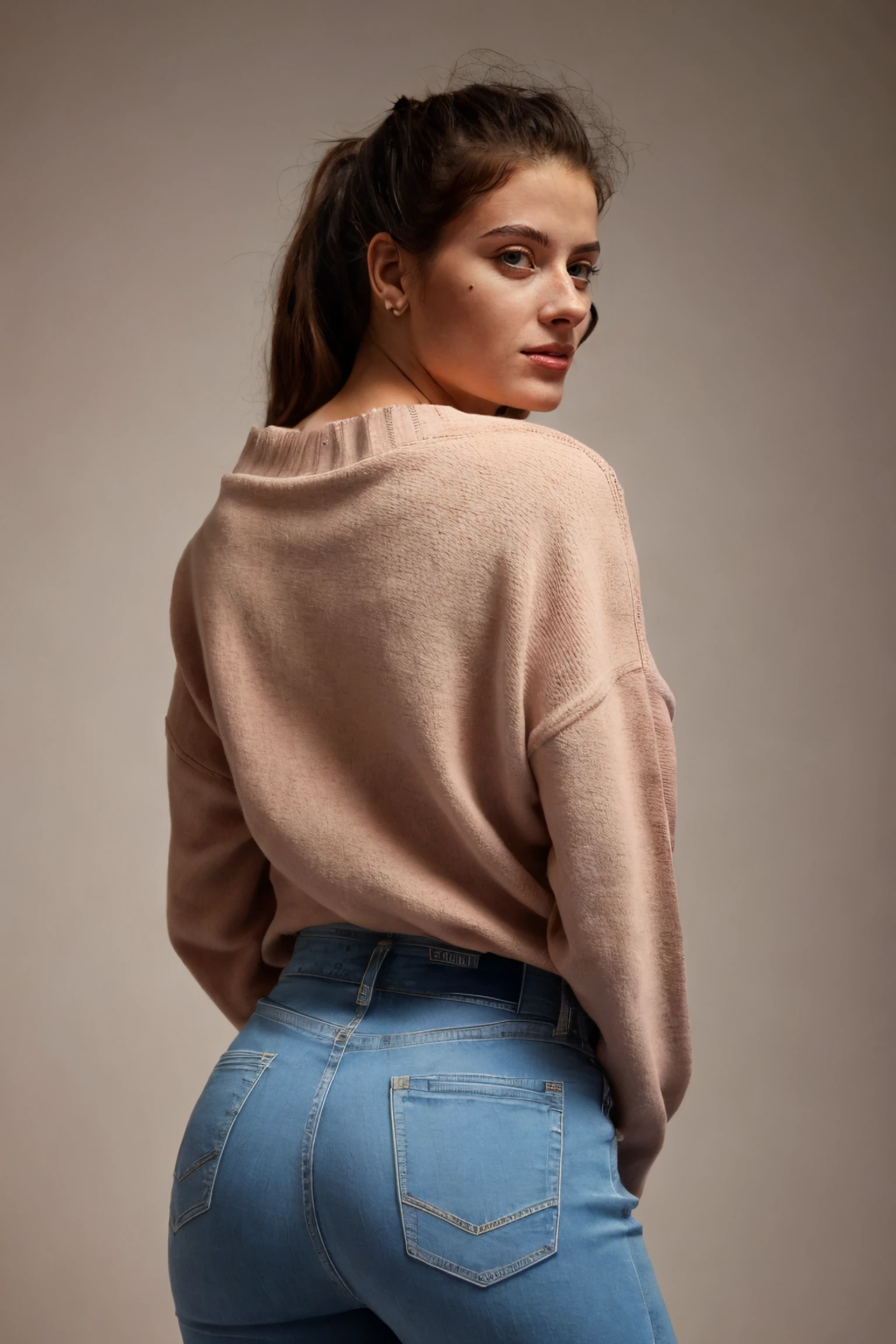 1girl, a woman in a tucked-in sweater and tight jeans posing for a photoshoot, from behind, looking back, soft light, detailed face, (photorealistic, absurdres, best quality, masterpiece:1.4), (high detailed skin:1.3)
<lora:ym01_ua_lora_v01:1> ym01