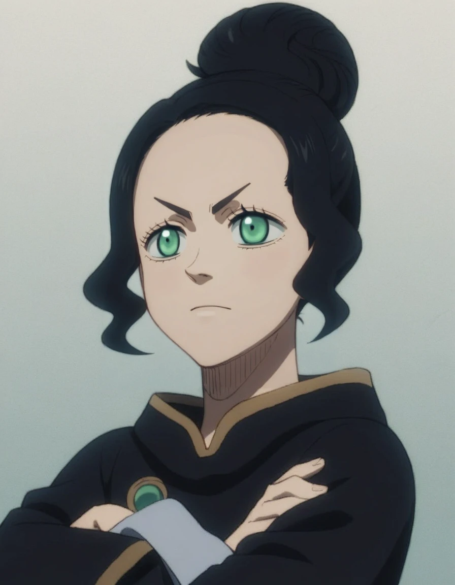 <lora:Charmy_Black_Clover:1>, charmy, black hair, green eyes, single hair bun, upper body, arms crossed, score_9