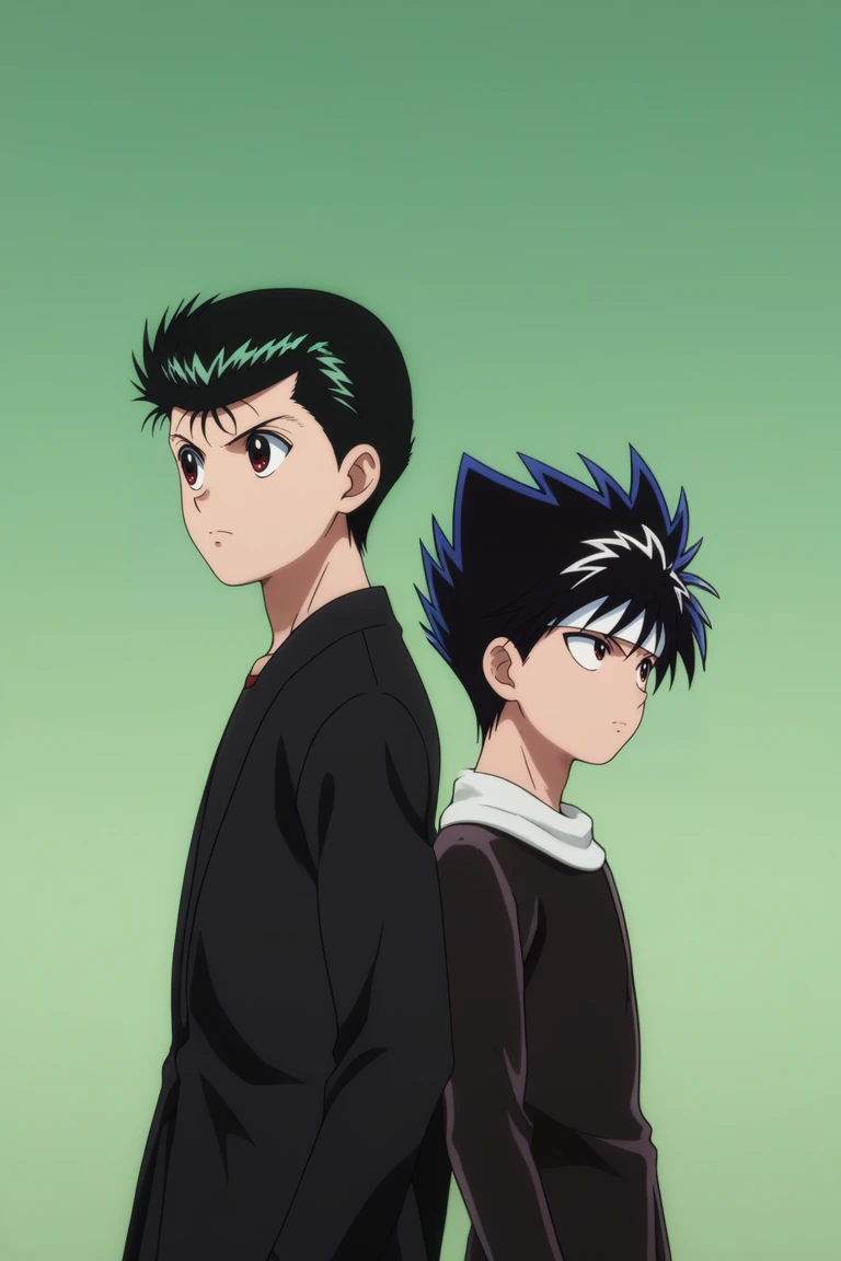 score_9, score_8_up, score_7_up, score_6_up, masterpiece, best quality, amazing quality, best aesthetic, absurdres, intricate details, official style, hiei_ep, black hair, red eyes, headband
yusuke_urameshi_ep, green hair, brown eyes, 2boys, multiple boys,back-to-back,from side, upperbody<lora:EMS-445884-EMS:1.000000>, <lora:EMS-409984-EMS:1.000000>