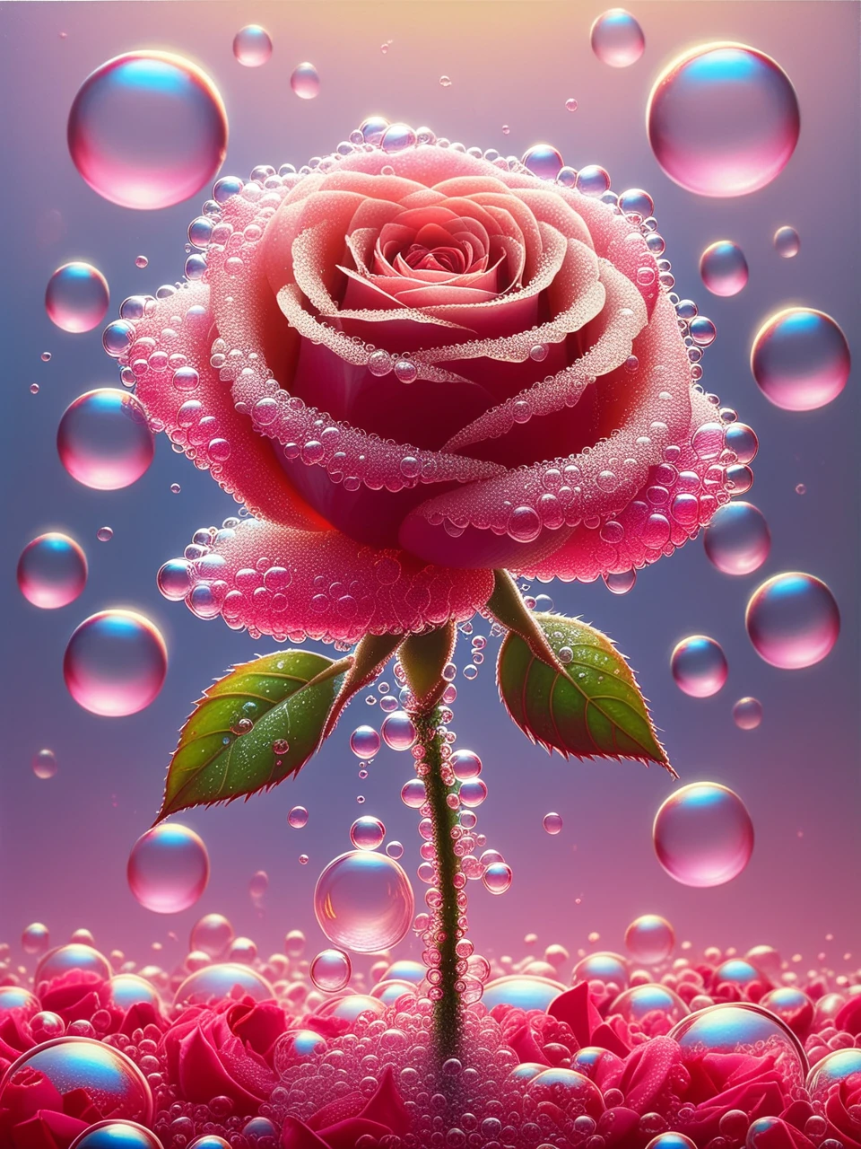 close up photo of rose fully made of small soapbubbles, perfectly balanced, absurdres, poster art, haze lighting, oil on canvas, by George Callaghan