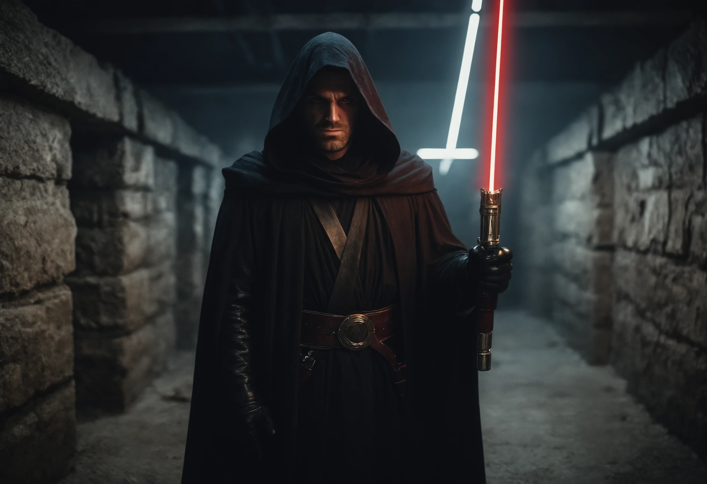 photograph AndrwTggrt, Sith Lord, looking at the viewer, male, yellow eyes, face corruption, holding a long red lightsaber, wearing black robes with hood over head, 33 years old, evil, standing in a dark catacomb with a scifi theme, Star Wars, 50mm . cinematic 4k epic detailed 4k epic detailed photograph shot on kodak detailed cinematic hbo dark moody, 35mm photo, grainy, vignette, vintage, Kodachrome, Lomography, stained, highly detailed, found footage