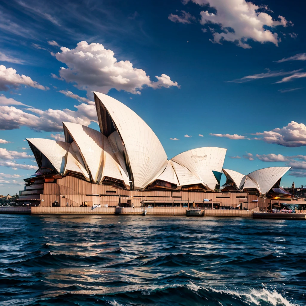 (ultra realistic,32k, masterpiece:1.2),(high detailed:1.1),( high quality:1.1),  BREAK,    <lora:Sydney_Opera_House:0.8>, high resolution, highly detailed,  Sydney Opera House, sky, day, cloud, water, blue sky, ocean,   BREAK,   blooming stars, luminescent petals, otherworldly fragrance blurry background, <lora:add_detail:0.92>, (glowwave:1.1),