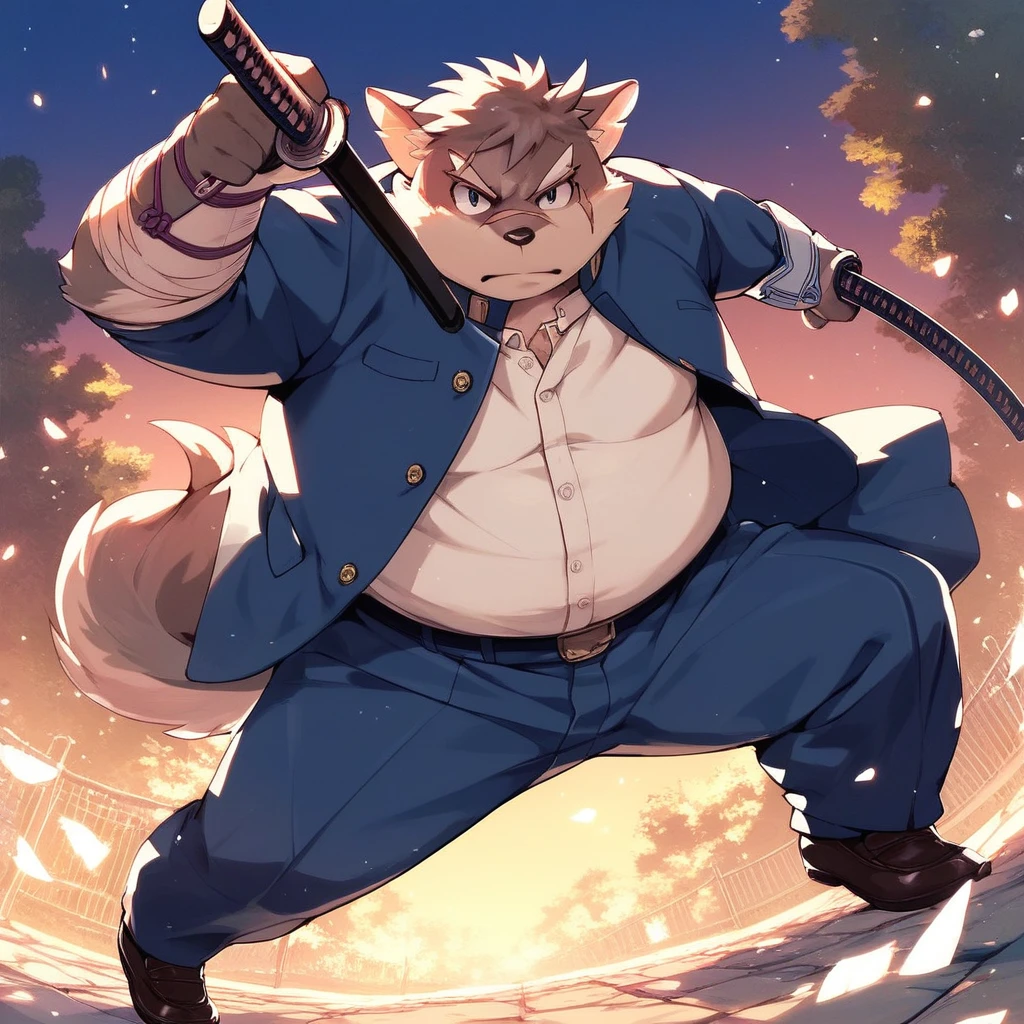 score_9, score_8_up, score_7_up, score_6_up, score_5_up, score_4_up, moritaka, anthro, dog, chubby, fat, grey and beige fur, scars, school uniform, action pose, holding katana, holding sword, night scenery, school background, looking at viewer, serious face,