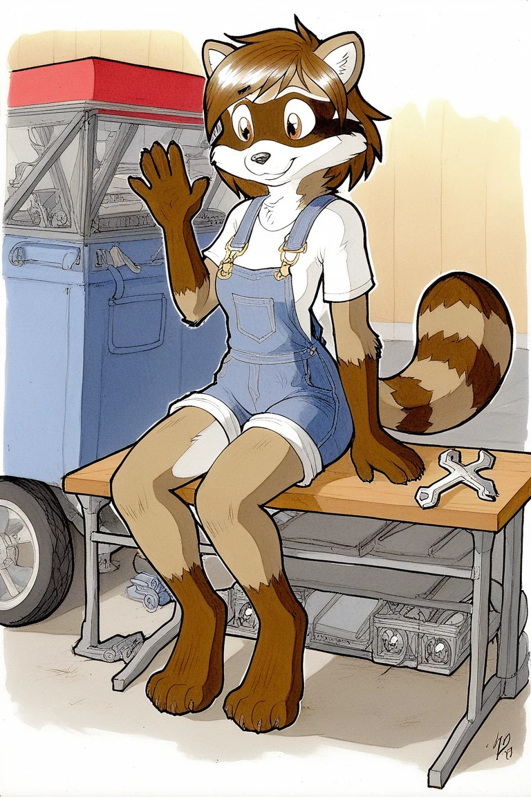 score_6, score_5, score_4, daigaijinTraditionalStyle, traditional media (artwork), watercolor (artwork), 1girl, smile, brown hair, shirt, raccoon ears, brown eyes, sitting, tail, shorts, barefoot, furry, waving, furry female, checkered clothes, overalls, mechanic, tools, garage, wrench, grease, workbench