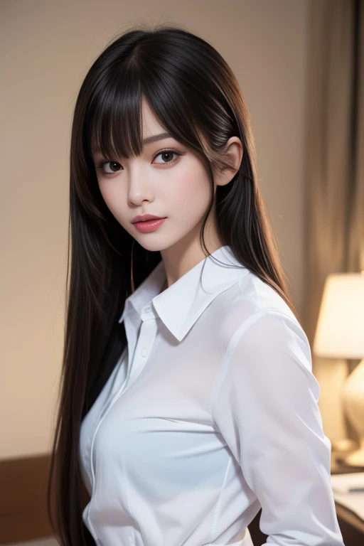 ltra-detailed,highly detailed,best quality,masterpiece,illustration, drawing, realistic, photorealistic,
office_lady, 1girl, solo,
dress shirt, collared shirt,
white shirt,
long hair, bangs,
looking at viewer, upper body,
indoors, bedroom,
<lora:office lady_v1_04:0.6>