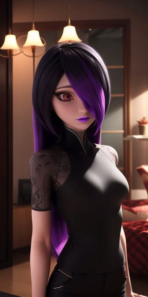 Hyperrealistic, photorealistic, super detailed, , medium height, brilliant red eyes, dark eyeshadow, long black hair with dyed purple tips at the end and bangs covering the left side of her face, very soft magenta lipstick, body like in real life, large pores, pale-skinned, beautiful arms, little breasts, unreal engine, octane render, droped shadow, bokeh, cinematic lighting, <lora:add_detail:0.5>, <lora:Volumetric_lighting:0.6>, Juleka Couffaine, , <lora:d5da7d5d-bd8d-4fcf-8082-26baea76a477:0.7>