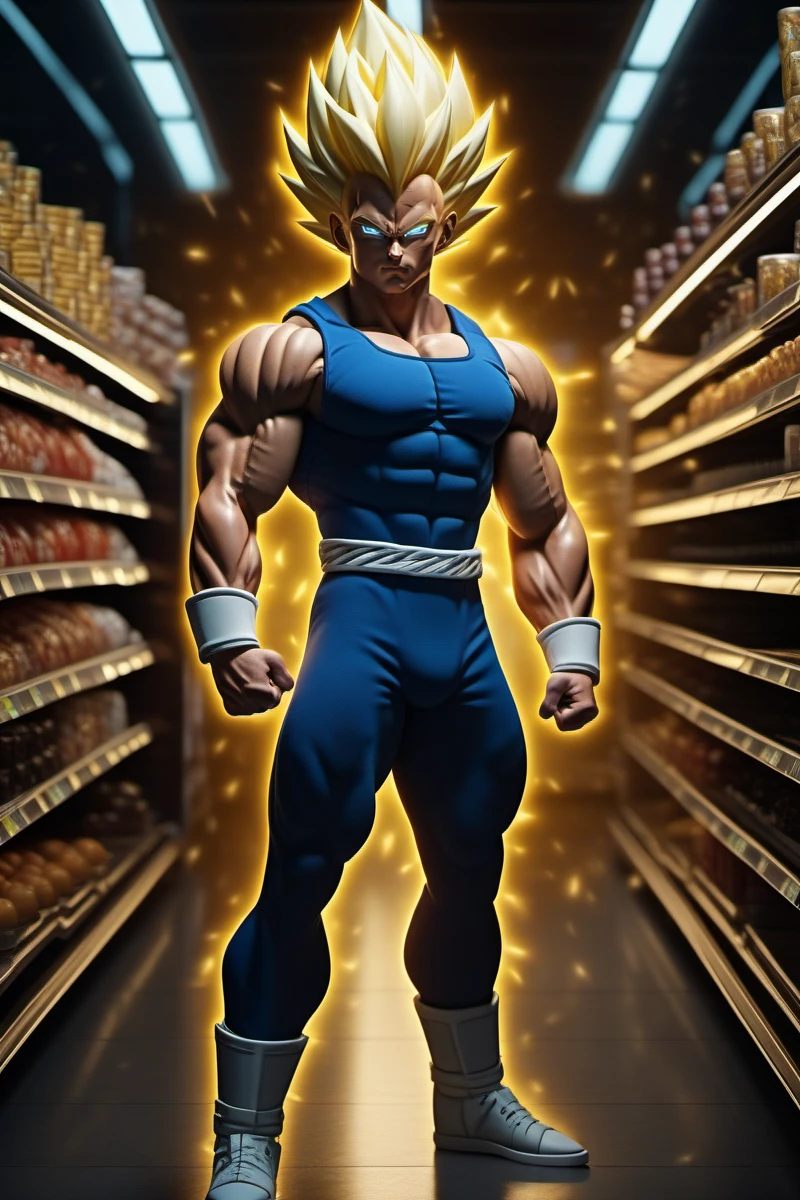 cinematic photo a full body portrait of a muscular man, blond spiked hair, super saiyan, glowing, electricity , solo, shops in a grocery store <lora:Vegeta1024:0.8> . 35mm photograph, film, bokeh, professional, 4k, highly detailed