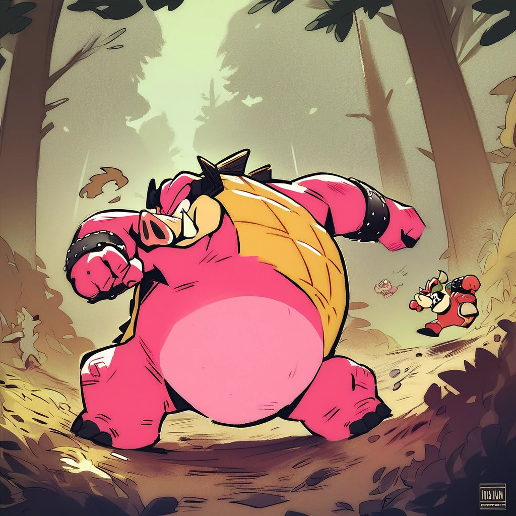 score_9, score_8_up, score_7_up, score_6_up, score_5_up, score_4_up, midbus, pig, pangolin, horns, pink skin, yellow scaly back, spikes, action pose, forest background, outside,