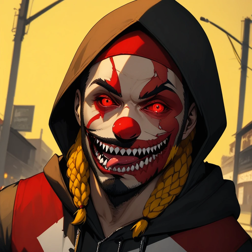 klwnz, red eyes, tongue, hood, braid, yellow background, sharp teeth, midriff, facial hair, outdoors, teeth