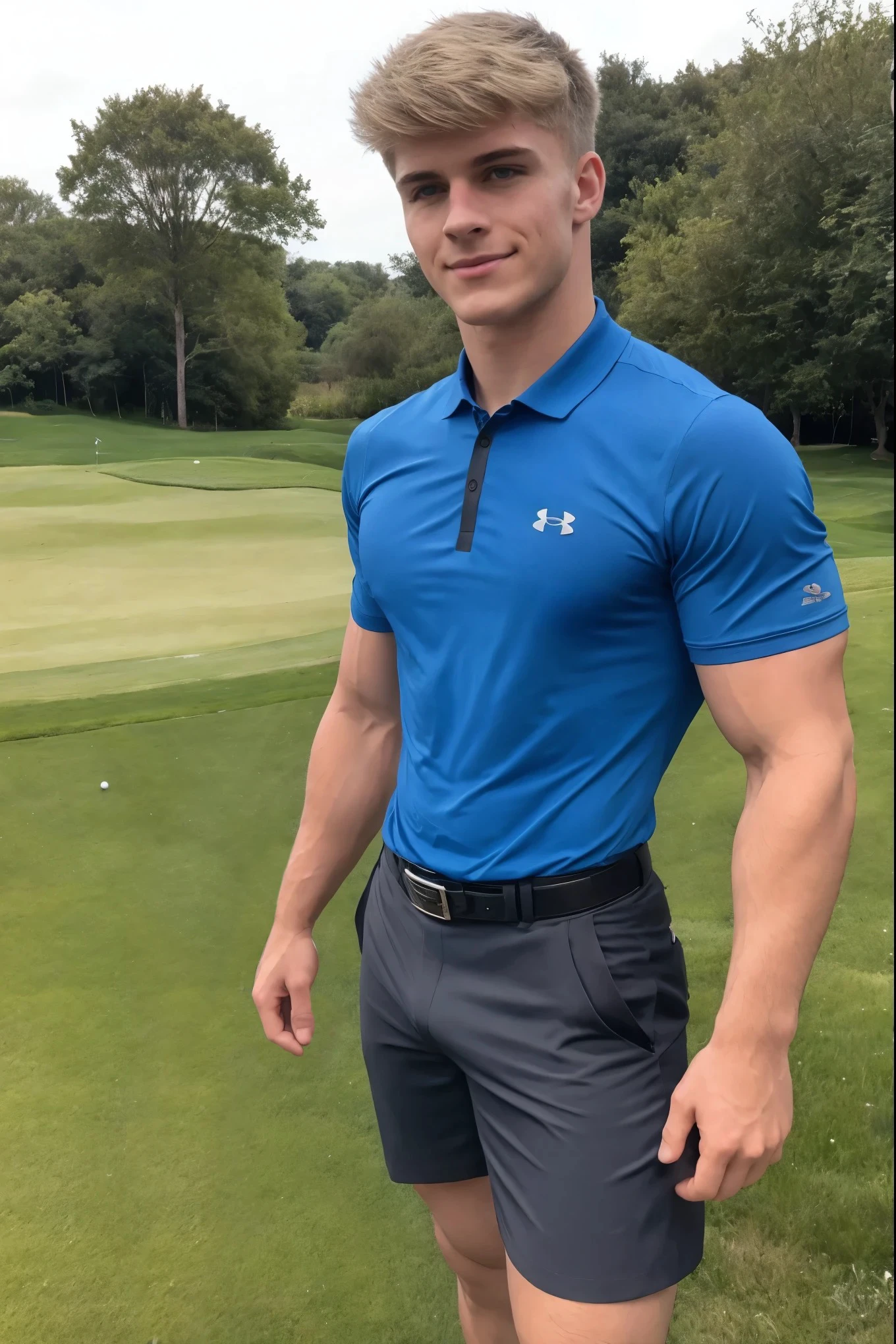 Daniel Thompson Jr wearing a tight pink blue shirt, ((wearing a tight blue under armour golf polo shirt:1.2)), ((wearing blue golf polo shirt sleeves tight around his biceps:1.3)), (he is wearing a blue shirt), ((wearing tight black shorts with black belt with a silver buckle:1.2)), black shorts+++, ((Daniel Thompson Jr is standing on golf course:1.3)), (golf course background:1.3), blue sky, green grass, male focus, ((upper body body image:1.2)), dramatic lighting, blue eyes, short blonde hair, messy fringe, square jaw, muscular body, confident, smirking, wide angle, 