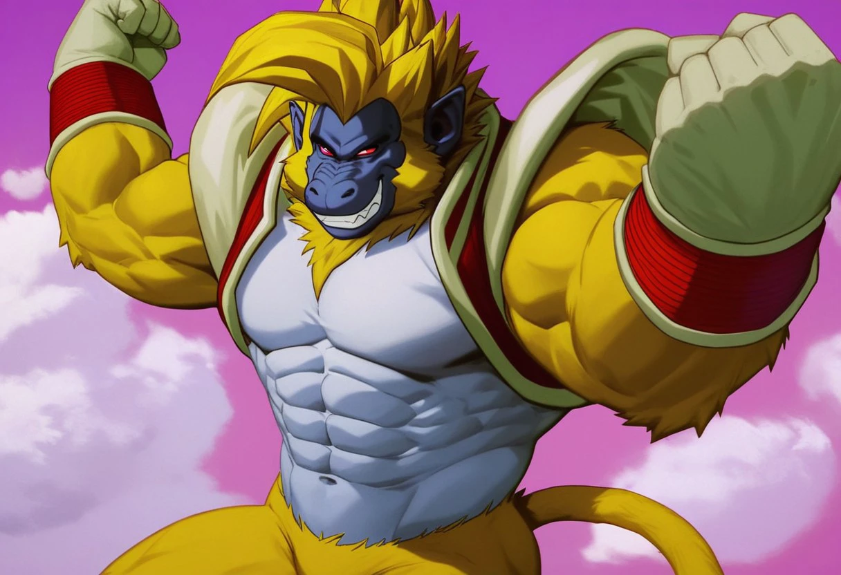 score_9, score_8_up, score_7_up, 1boy, solo, style of akira toriyama, (Oozaru, Furry, Yellow Fur, Primate, Red Eyes, Yellow Body, Tail, Anthro, muscular male, abs, pecs, clenched fists), looking at viewer, smile, closed mouth, narrowed eyes, flying, sky, clouds, pink background, pupiless eyes, featurless crotch, daytime, 4k, masterpiece, best quality, highly detailed, realistic