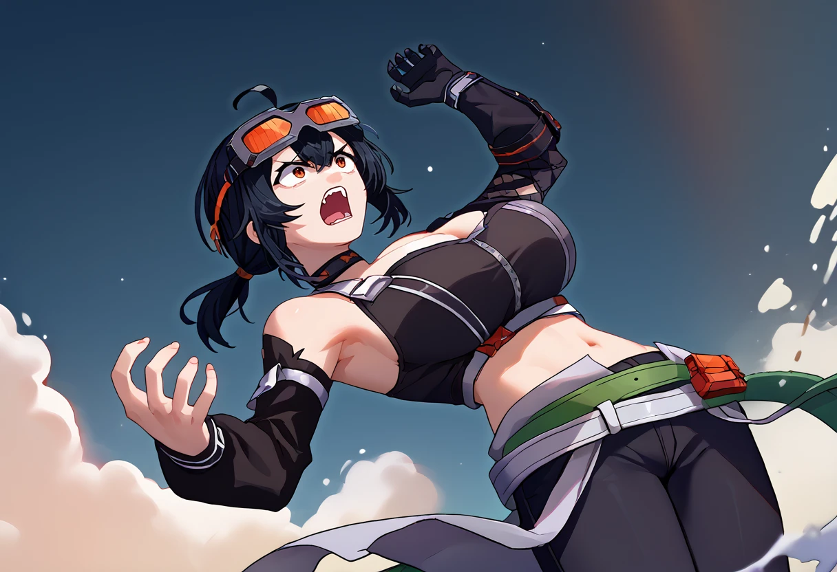 score_9, score_8_up, score_7_up, source_anime, solo, 1girl, wryyyyyyyyyyyyyyyyyyyy, leaning back, outstretched arms, bent knees, screaming, open mouth, zzzGrace, black hair, ahoge, short ponytail, goggles on head, choker, black crop top, cleavage, sleeveless, detached sleeves, asymmetrical gloves, belt, black pants, skin tight, large breasts <lora:WryyyyyyPose_pdxl_Incrs_v1:1> <lora:zzzgrace-pdxl-nvwls-v1:1>