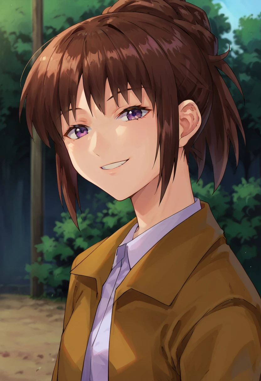 score_9,score_8_up,score_7_up,anime coloring BREAK source_anime,anime,<lora:ayase_terada_S-CRY-ed:0.8>,ayaset,1girl,solo,brown hair,ponytail,purple eyes,collared shirt,yellow jacket,smile,looking at viewer,outdoors,from side,upper body,