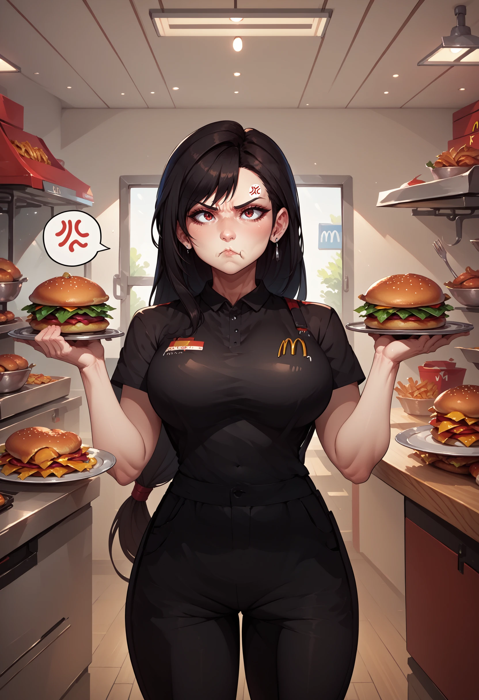 score_9, score_8_up, score_7_up, employee uniform, mcdonald's, black shirt, black pants, <lora:McDonaldsUniform_pdxl_Incrs_v1:1>, food, plate, pout, :t, closed mouth, 1girl, indoors, cowboy shot, tifa lockhart, large breasts, hands up, annoyed, serving tray, spoken anger vein, <lora:Pout_XLPD:0.8>