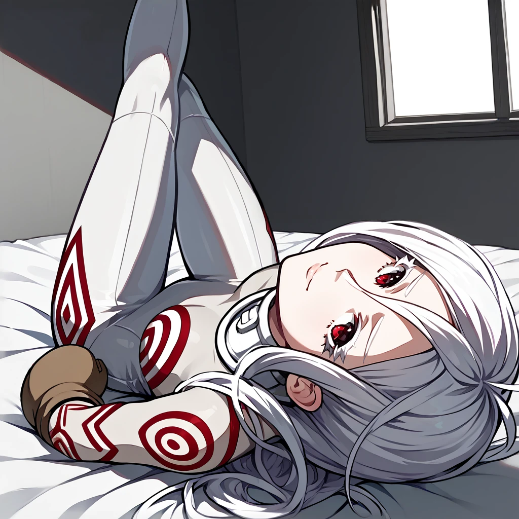 <lora:shiro:1>,1girl,solo,shiro \(deadman wonderland\),albino,white hair,cowlick,white eyebrows,colored eyelashes,red eyes,collar,white bodysuit,skin tight,brown mittens,
indoors,bedroom,
cowboy shot,on back,on bed,sprawled,legs up,from side,head tilt,looking at viewer,bedroom eyes,seductive smile,closed mouth,raised eyebrows,, score_9, score_8_up, score_7_up, perfect anatomy, source_anime,