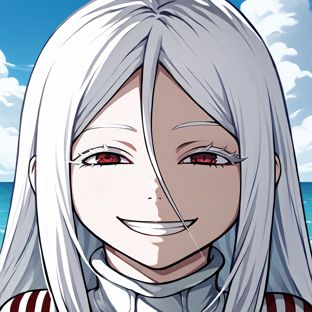 <lora:shiro:1>,1girl,solo,shiro \(deadman wonderland\),albino,white hair,cowlick,white eyebrows,colored eyelashes,red eyes,bodysuit,skin tight,<lora:AnyasHehFaceMeme_XLPD:1>,IncrsAnyasHehFaceMeme,grin,looking at viewer,close-up,outdoors,day,, score_9, score_8_up, score_7_up, perfect anatomy, source_anime,