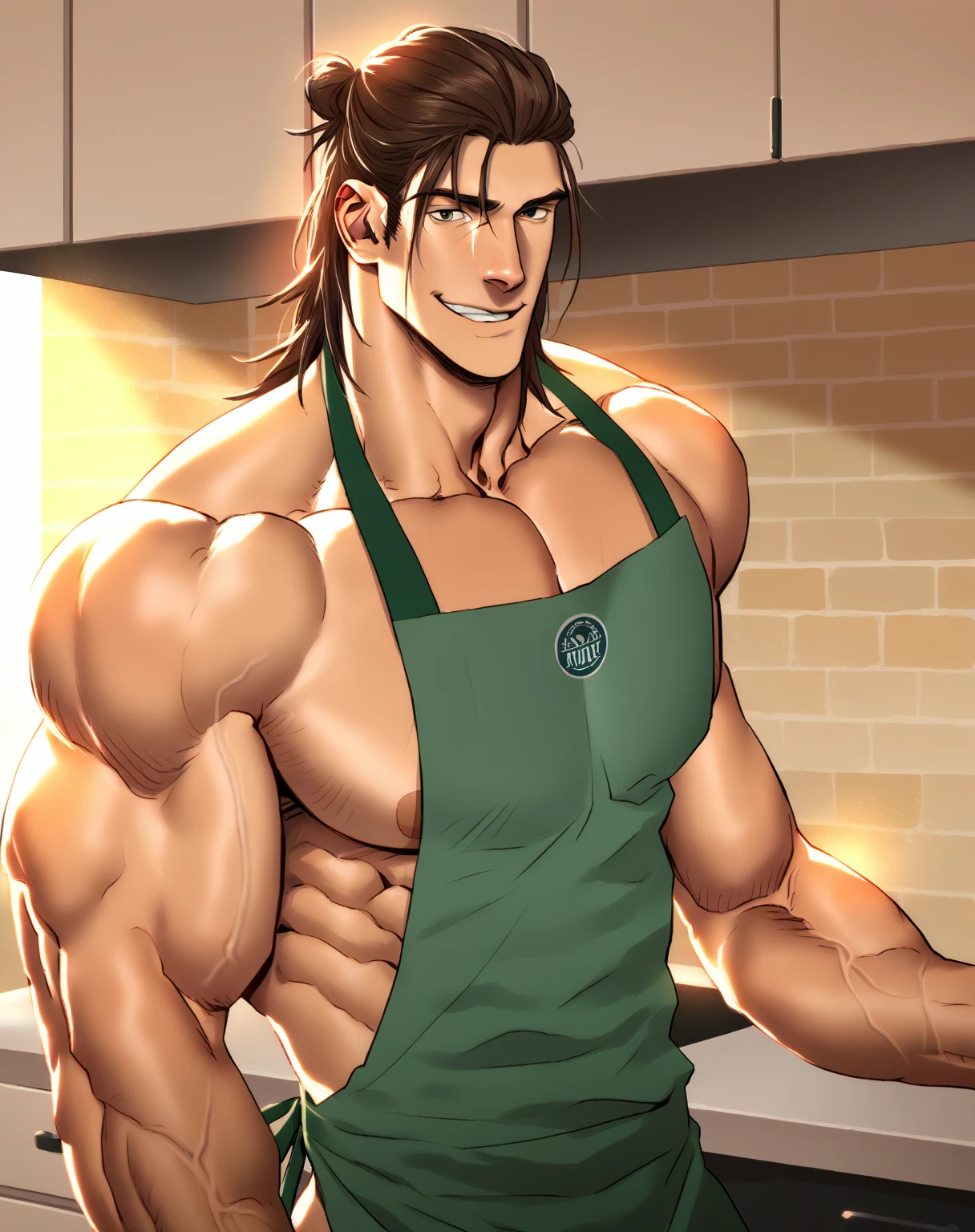 score_9, score_8, 1boy, solo, giant_this_guy, looking at you, naked, apron, veiny arms, long hair, man bun, brown hair, smirk, broad shoulders, large pectorals, kitchen, daylight, realistic<lora:EMS-445645-EMS:0.800000>, <lora:EMS-385743-EMS:0.800000>