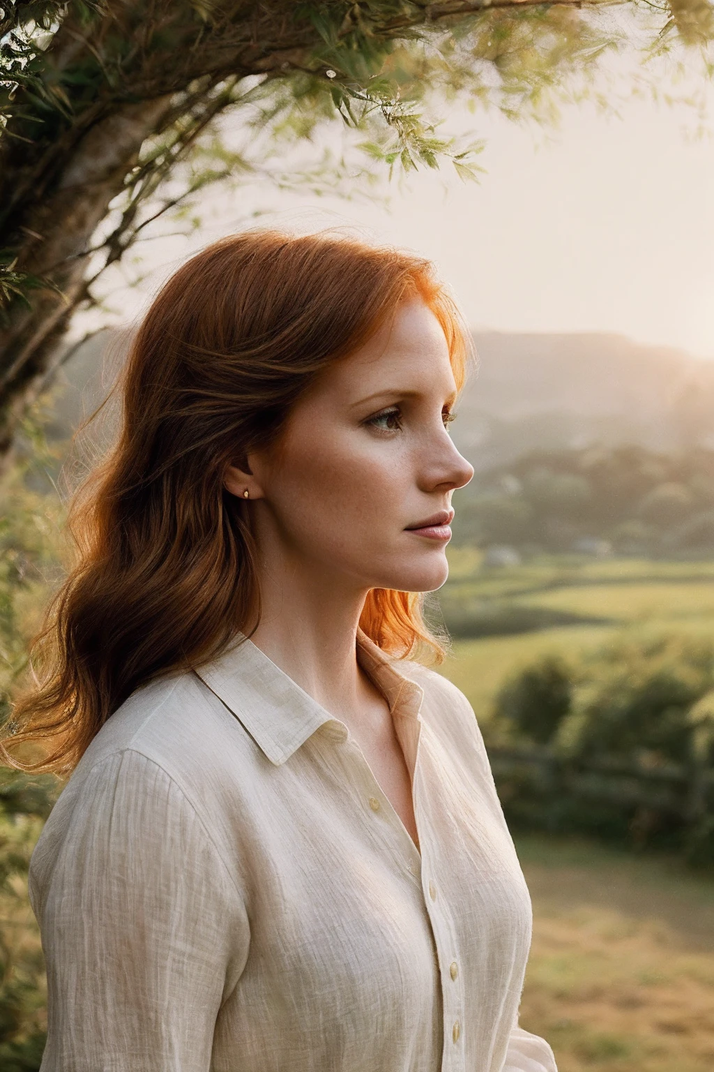 Femme rousse cheveux long assise sur une colline