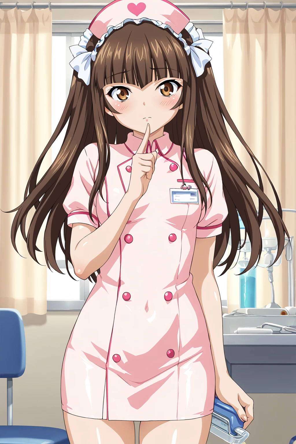 score_9, score_8_up, score_7_up, BREAK source_anime, masterpiece, anime screencap, shiny skin, 
1girl, ten'i, long hair, brown hair, bangs, brown eyes, aid headdress, <lora:teni_pony:1>
nurse, standing, blush, looking at view,