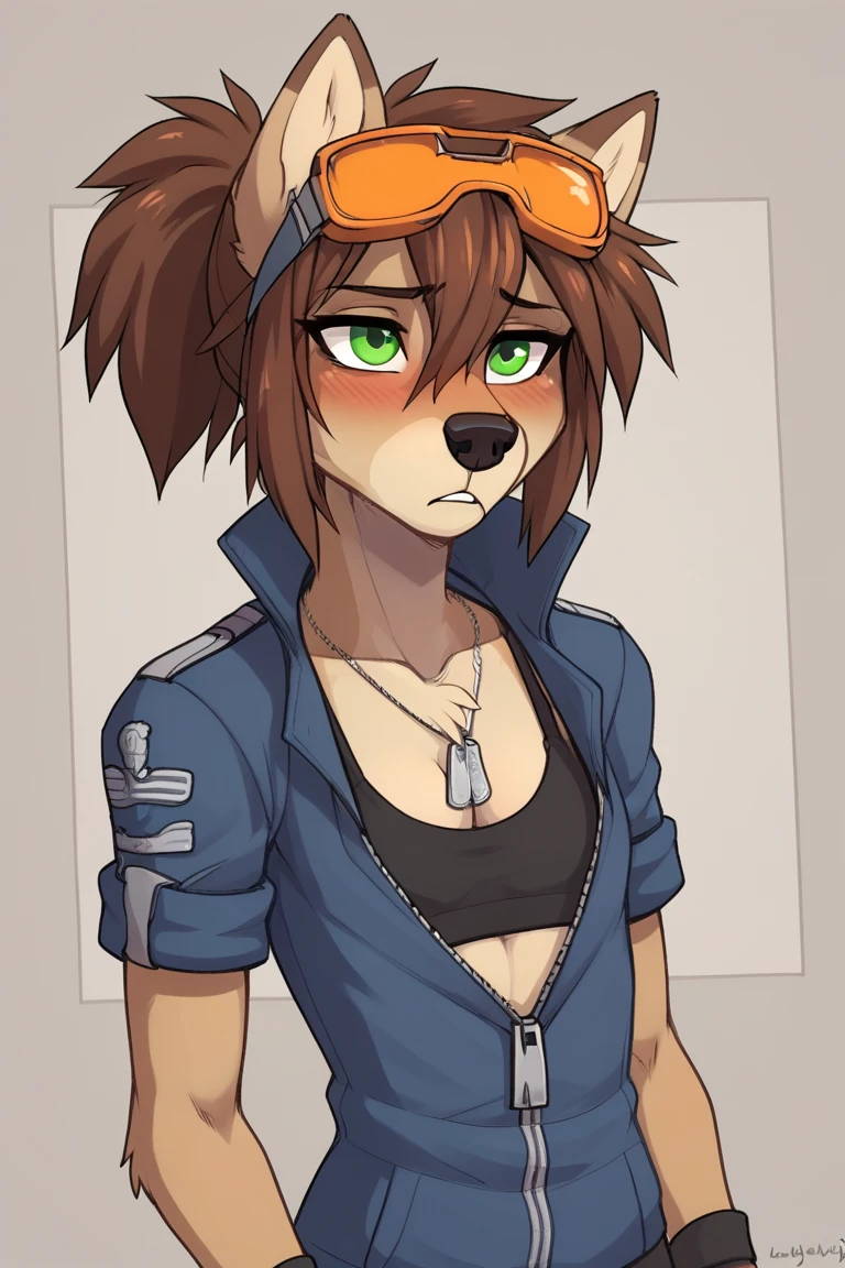 score_9, score_8_up, 
source_furry, rating_explicit,
<lora:Wendy_Wolfy-Nail:0.8>  w3ndywn, 1girl, female wolf, hair between eyes, blue jacket outfit, spiked hair, green eyes, orange (goggles), animal ears, wolf ears, fingerless gloves, brown hair, blush, black nose, ponytail,
skinny, flat chest,
dynamic angle,
portrait,
(sad, depressed), 
skinny,
flat chested,
cleavage, sport bra, fitness bra,
(lifting shirt:1.3),
military dog tags,