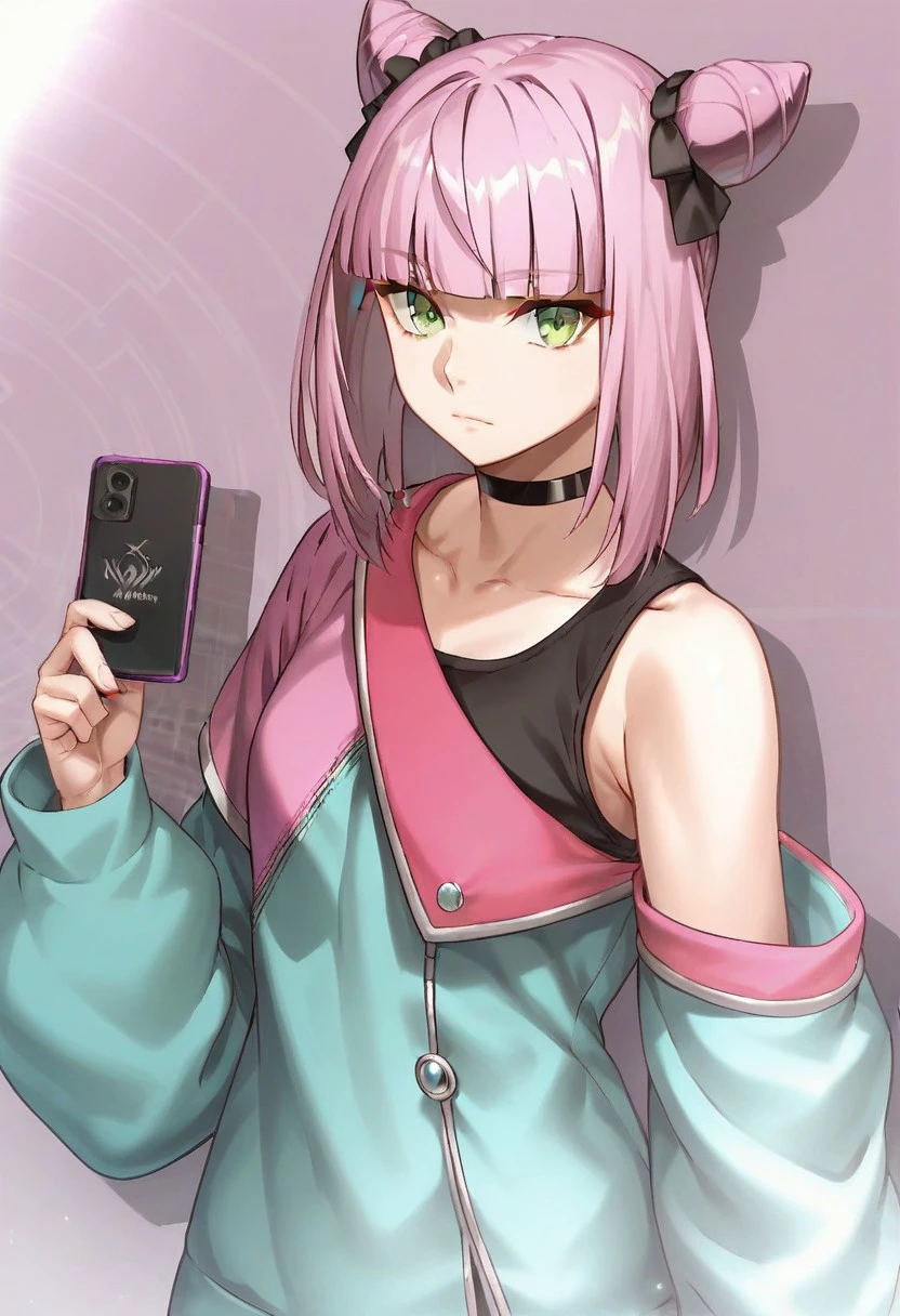 score_9,score_8_up,score_7_up,  shiny skin, perfect composition,
shinagawa_haru, cardfight!!_vanguard, 1girl, solo, jacket, cone hair bun, hair bun, choker, black choker, bangs, pink hair, double bun, phone, off shoulder, green eyes, looking at viewer,   purple hair, skirt, long sleeves, holding, closed mouth, blunt bangs, tank_top, black shirt,