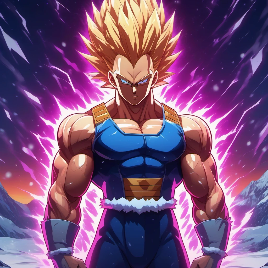 anime artwork full body portrait of a muscular man, blond spiked hair, super saiyan, glowing, electricity , solo, in the snow <lora:Vegeta1024:0.8>  . anime style, key visual, vibrant, studio anime,  highly detailed