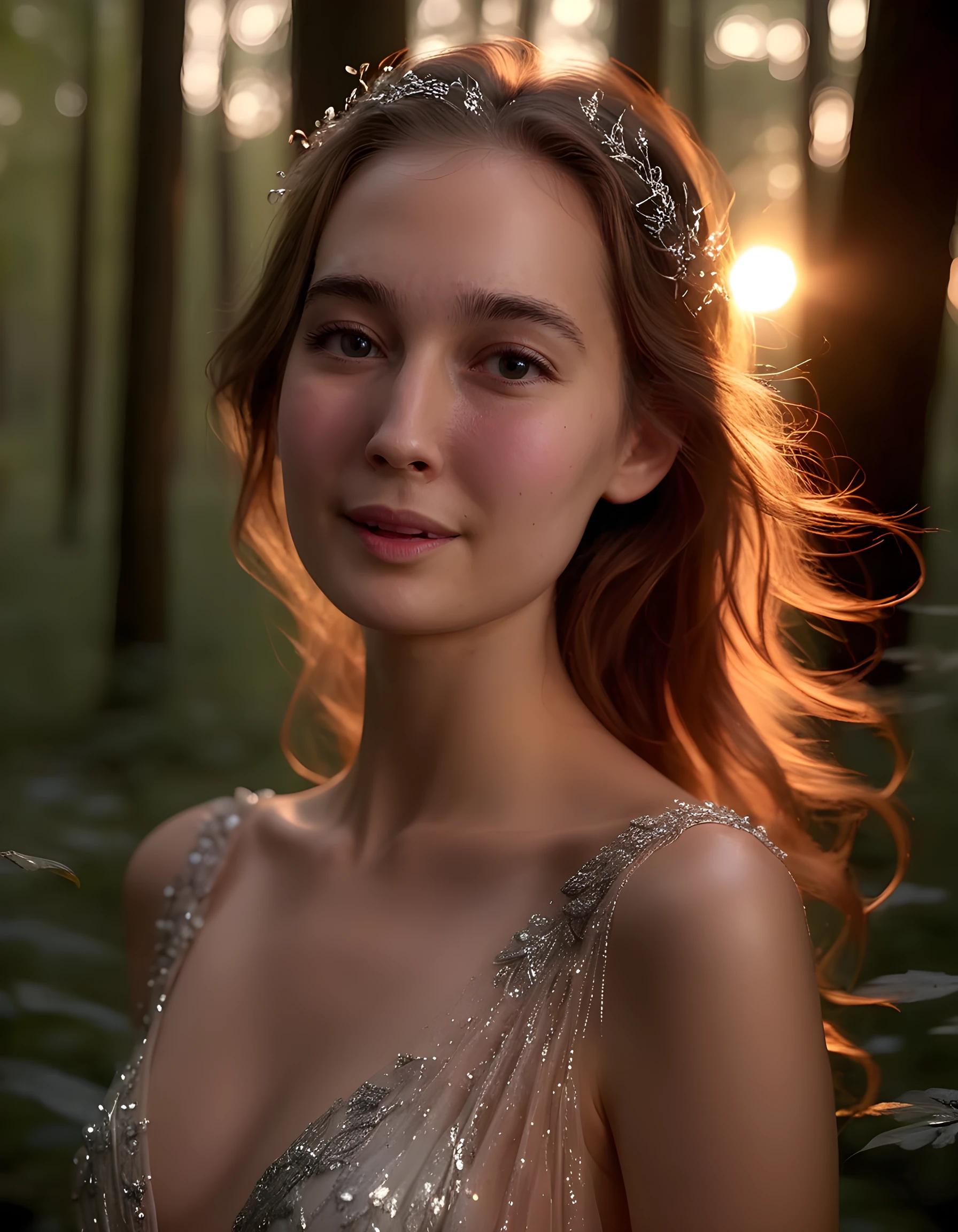 A striking close-up portrait, set in the ethereal ambiance of a twilight forest, captures the enchanting visage of W15HUD1. Her hair cascades down her back like a waterfall of shimmering moonlight, framing her face that boasts a single, intriguing mole above her upper lip. With a warm, inviting smile, she gazes directly into the viewer's eyes, her long lashes casting delicate shadows on her rosy cheeks. The soft glow of fireflies illuminates the dense foliage behind her, while the setting sun peeks through the trees, casting an amber hue upon her elegant gown adorned with intricate silver threads and delicate, glowing gemstones. The camera angle is slightly elevated, giving the impression that she is floating above the ground, surrounded by a mystical, dreamlike atmosphere.