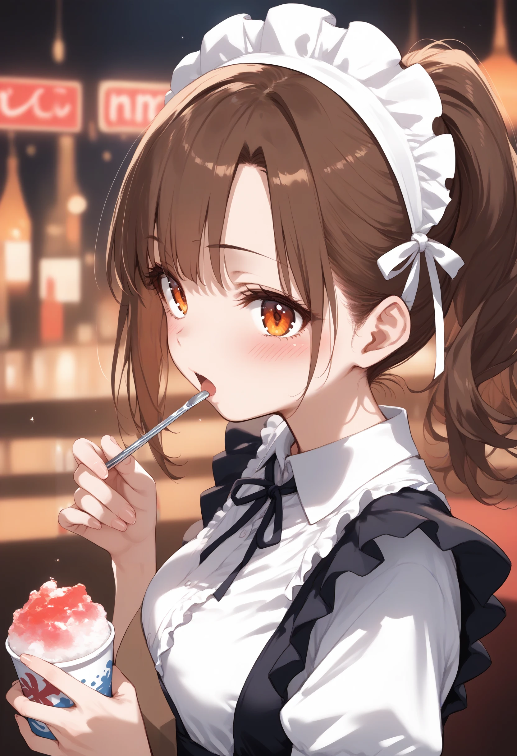 score_9, score_8_up, score_7_up, source_anime,
1girl,solo,medium breasts, maid, maid headdress,
shaved ice,<lora:shavedice_Pony_v1:0.8>
holding drinking straw, spoon straw, eating,
from side, fisheye lens, looking up, brown hair, orange eyes,blush, nightclub, open mouth, ponytail hair,,