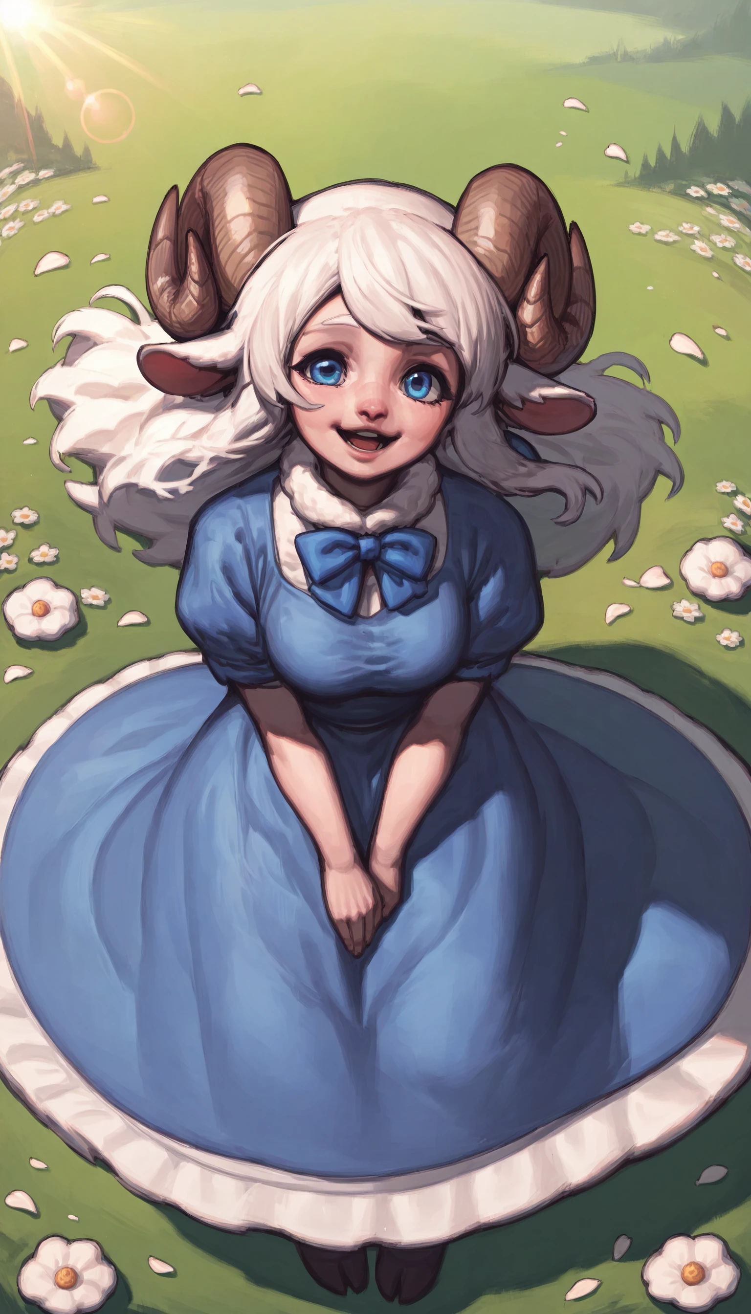 zPDXL, score_9, score_8_up, score_7_up, score_6_up, score_5_up, score_4_up,  solo, outdoors, field, flowers, sunbeam, sheep girl, neck tuft, white hair, sheep horns, blue eyes, blue dress, frills, puffy sleeves, ribbons, bowtie, long hair, lens flare, from above, happy, wind, petals, mature female, milf, <lora:Glossart:1>