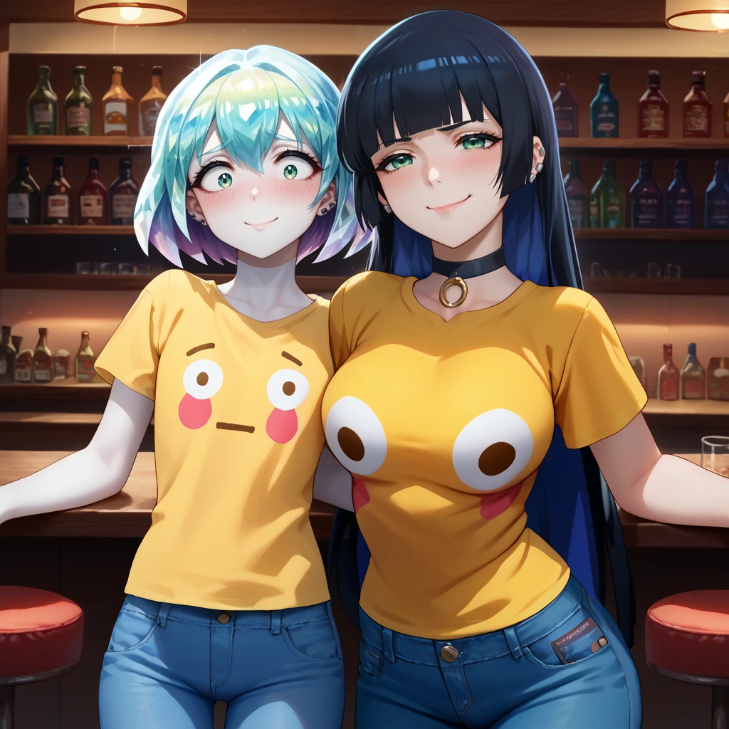 score_9, score_8_up, score_7_up, yellow shirt, blush, t-shirt, large breasts, 2girls, <lora:FlushedEmojiShirt_pdxl_Incrs_v1:0.5>, cowboy shot, night, bar, jeans,
BREAK <lora:Hoseki_HousekiNoKuni_Diamond_PDXL_v1:1> hskdmnd, white skin, crystal hair, colored eyelashes, multicolored hair, short hair, blush, embarrassed, flat chest, 
BREAK <lora:Hoseki_BocchiTheRock_Pasan_PDXL_v2:1> pasan, colored inner hair, large breasts, ear piercing, chin piercing, hime cut, choker, seductive smile, smirk,