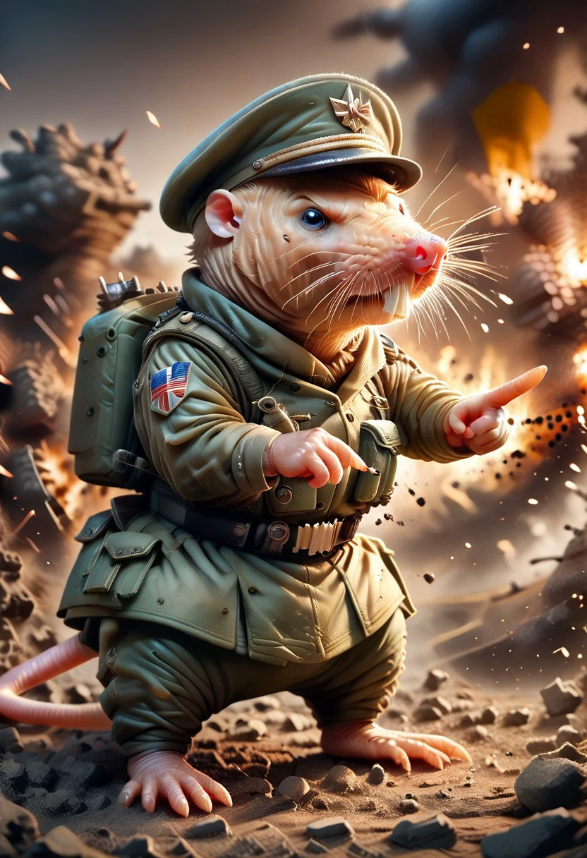 score_9, score_8_up, score_7_up, score_6_up, score_5_up, score_4_up, m0l3r4t, 1boy, rodent, military outfit, military hat, holding weapon, war background, explosion, pointing