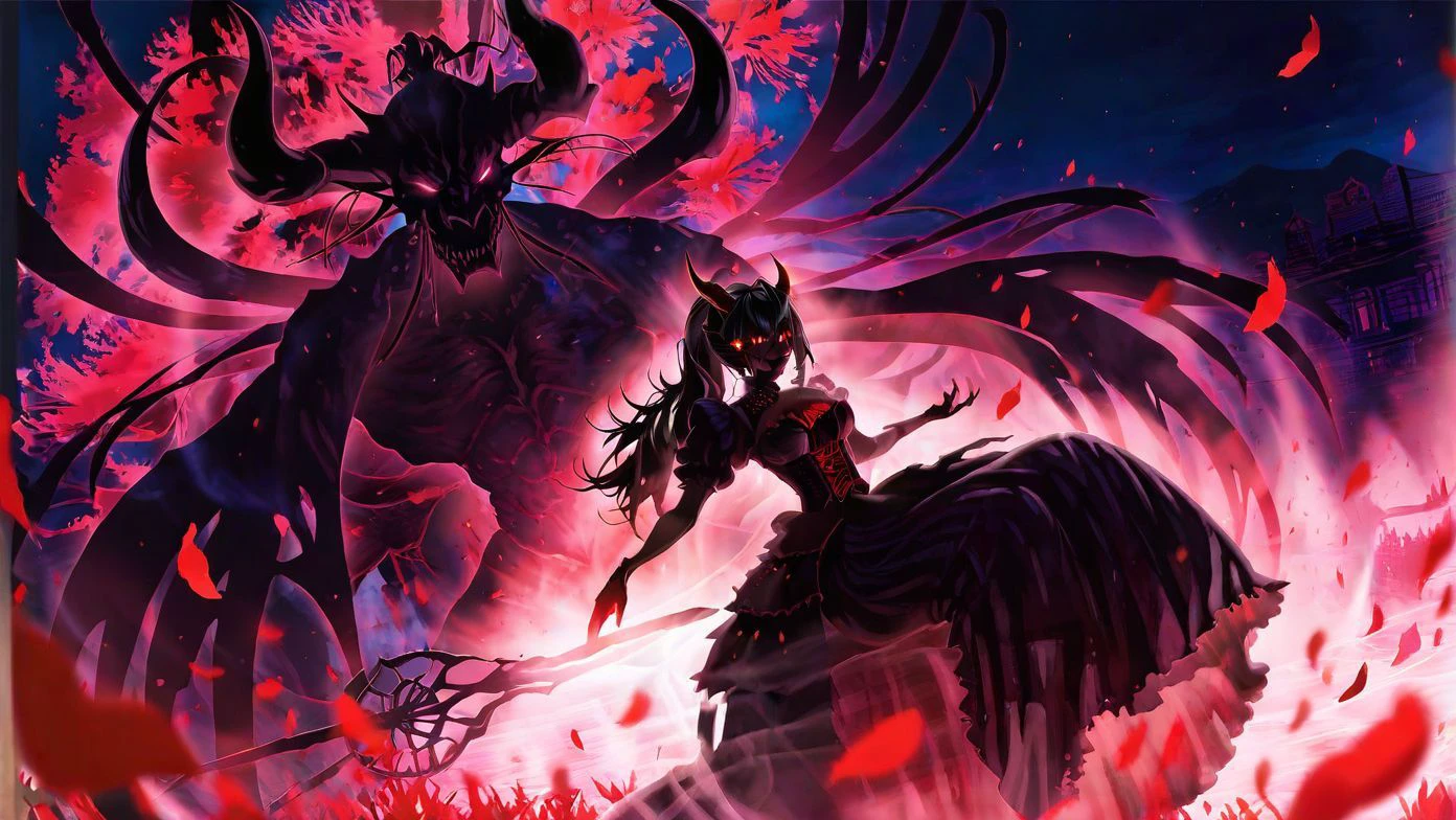 1girl, older woman , medium breast  abs  , demon,  black hair, ponytail, mole, horns,  sharp teeth,  blurry background, dark fantasy, Floating islands, magical waterfalls background, (blood on face), blood on clothes, horror, lycoris, red flower, red petals, black frilled intricate long skirt pannier bustier corset crinoline, on back, angry, silhouette, harada miyuki style, masterpiece, best quality, <lora:harada_miyuki_style:1>