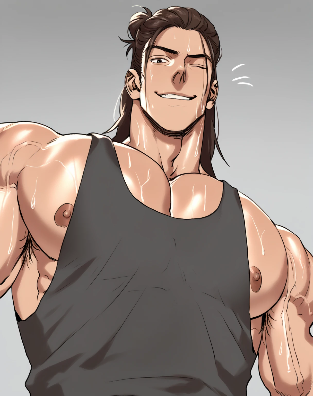 score_9, score_8, 1boy, solo, giant_this_guy, looking at you, tank top, nipple slip, veiny arms, long hair, man bun, brown hair, smirk, broad shoulders, (big pectorals), realistic, yur_oc_like_this_(meme), yur_oc_like_this_\(meme\), from below, armpit hair, sweaty, sweat, shiny skin, winking<lora:EMS-445645-EMS:0.800000>, <lora:EMS-385743-EMS:0.800000>, <lora:EMS-398380-EMS:0.800000>