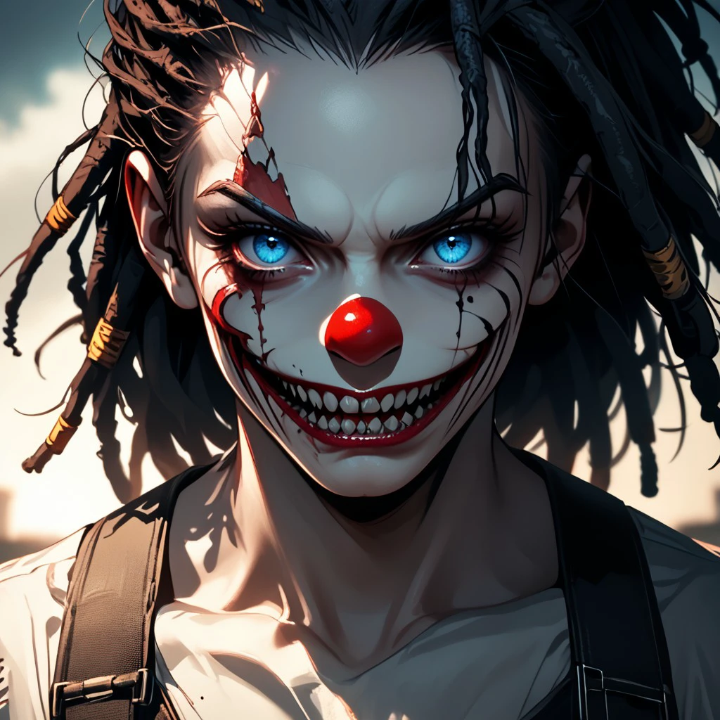 score_9, score_8_up, clown, smile, sharp teeth, source_anime, source_cartoon
Upper body, solo, horror, 1boy, red dreadlocks, blue eyes, tank top, skin, many tattoos, cargo pants
depth of field, dim, volumetric lighting, chiaroscuro lighting, , <lora:b7c2c463-70ba-48cc-9a25-e4df4c44a10f:0.5>