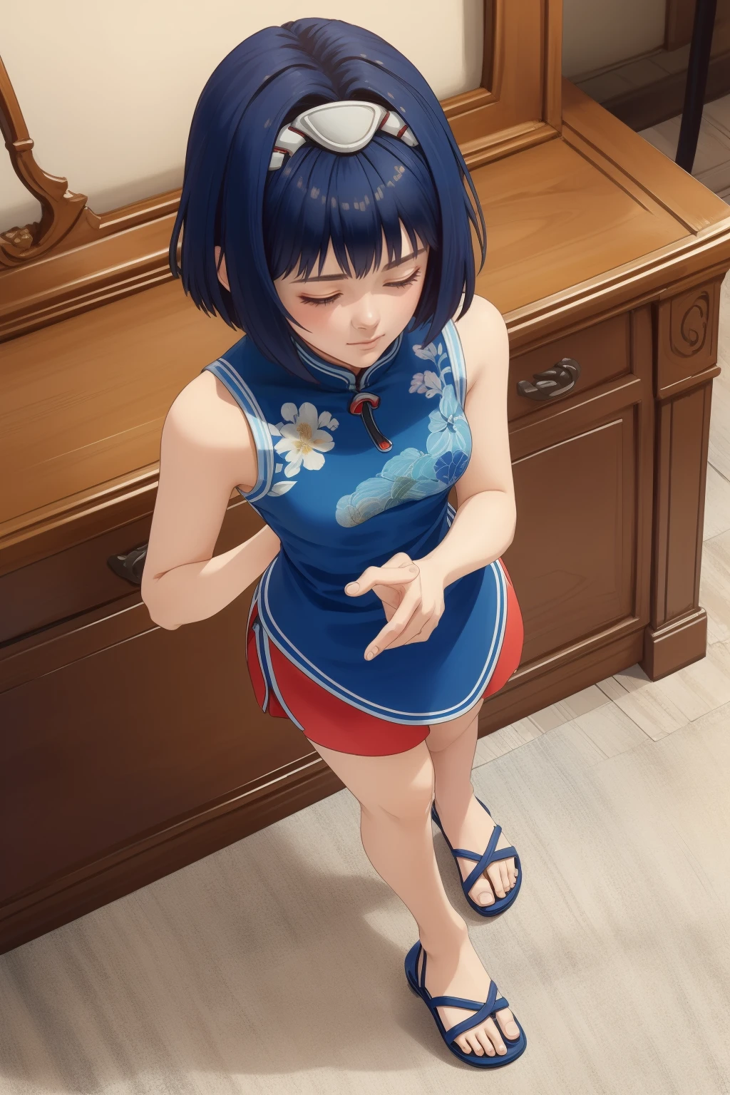 ((masterpiece,best quality)), highres, 1girl, solo, from above <lora:Kelvena:1> Kelvena, closed eyes, blue hair, short hair, cheongsam, sandals,