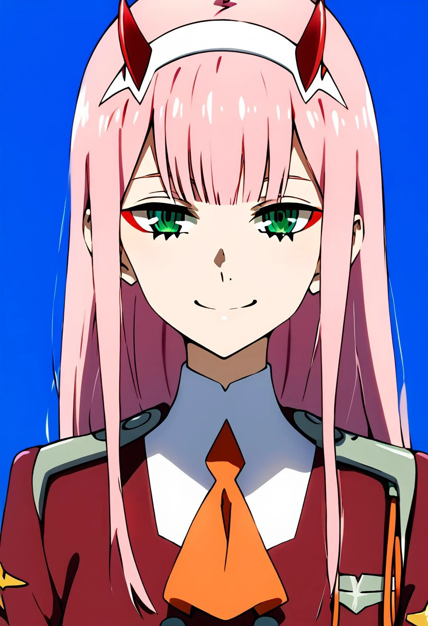 eye catching, zero two, (green eyes:1.5), hairband, horns, long hair, pink hair, red horns, white hairband, 
zero two, (green eyes:1.5), zero two \(darling in the franxx\), darling in the franxx, 1girl, ascot, bangs, blue background, green eyes, hairband, horns, long hair, long sleeves, looking at viewer, red jacket, closed jacket, military uniform, oni horns, orange ascot, pink hair, red horns, simple background, smile, solo, standing, uniform, white hairband, ((masterpiece)),