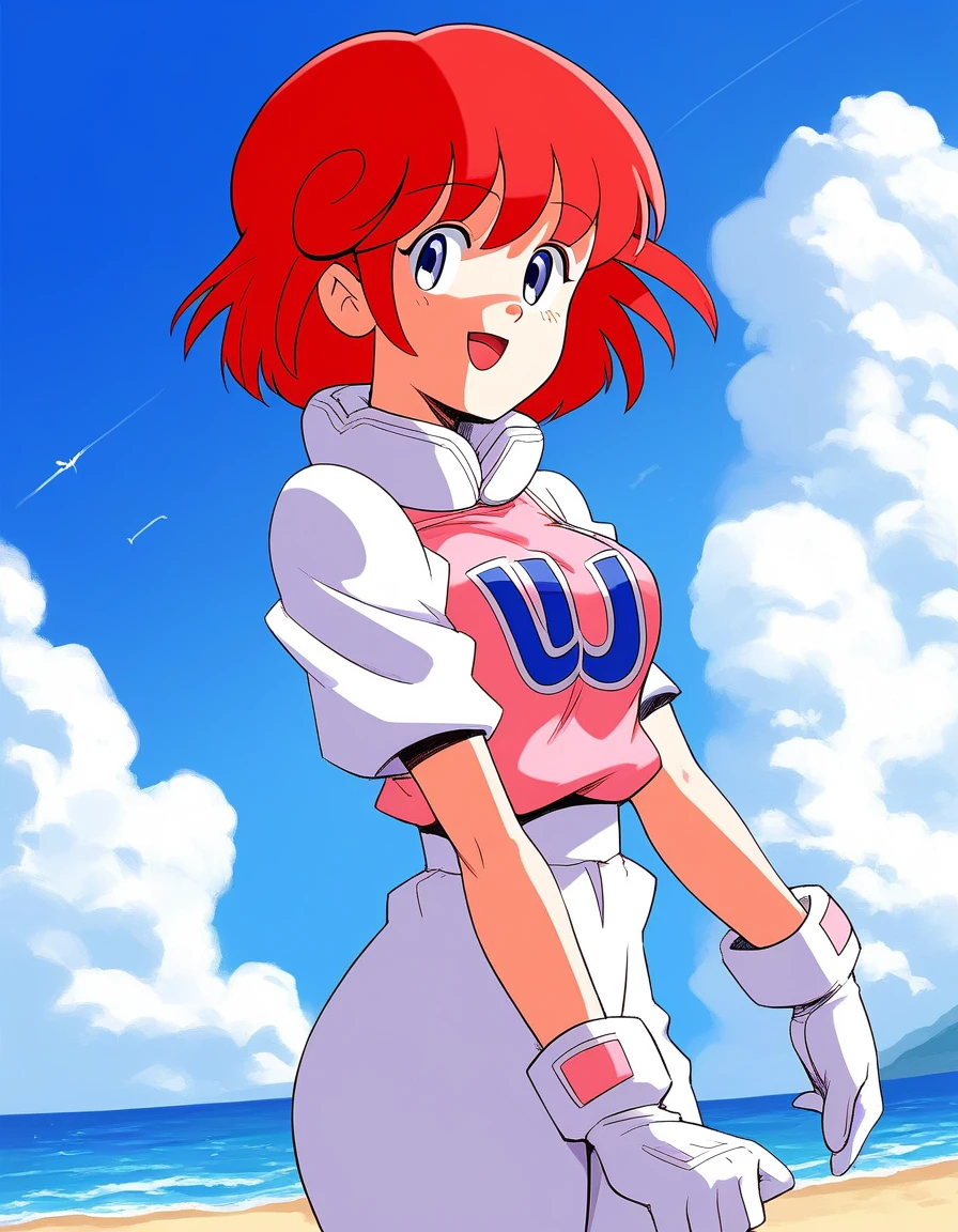 score_9, score_8_up, score_7_up, source_anime, rating_explicit, BREAK  <lora:Pastel_TwinBee_XL:1> Pastel_TwinBee, red hair, blue eyes, short hair, bangs, medium breasts,
1girl, gloves, open mouth, smile,  looking at viewer, white gloves, short sleeves, 1990s (style), cowboy shot, long pants, 
sky, blue sky, cloud, beach,