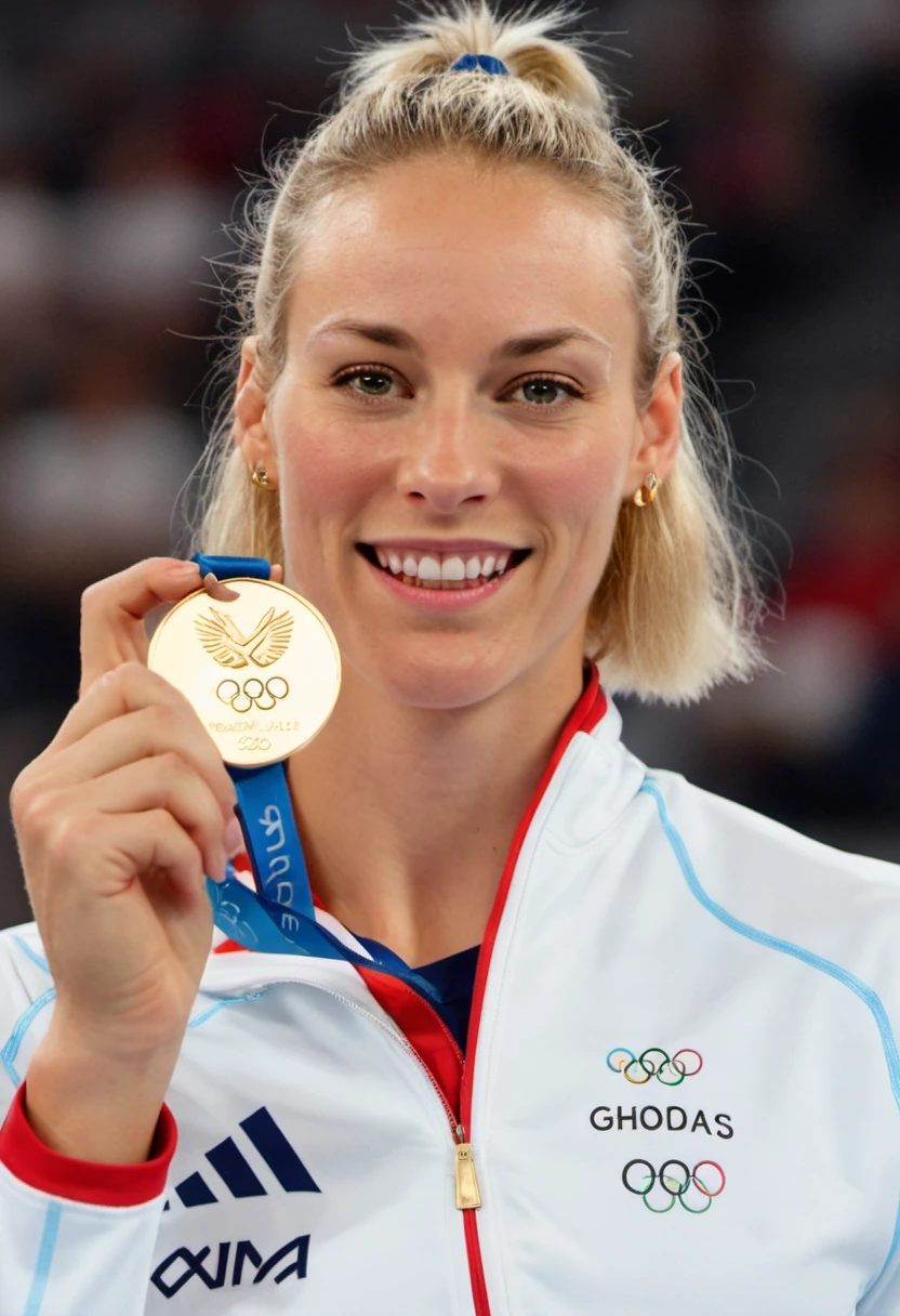 Photorealism Sports Photography masterpiece, high detail,Louisa Lippmann, holding a gold medal, olympic rings in background
 , Sports Photography, often for athletic events, dynamic actions, or competitive moments., Photorealism, often for highly detailed representation, photographic accuracy, or visual illusion.