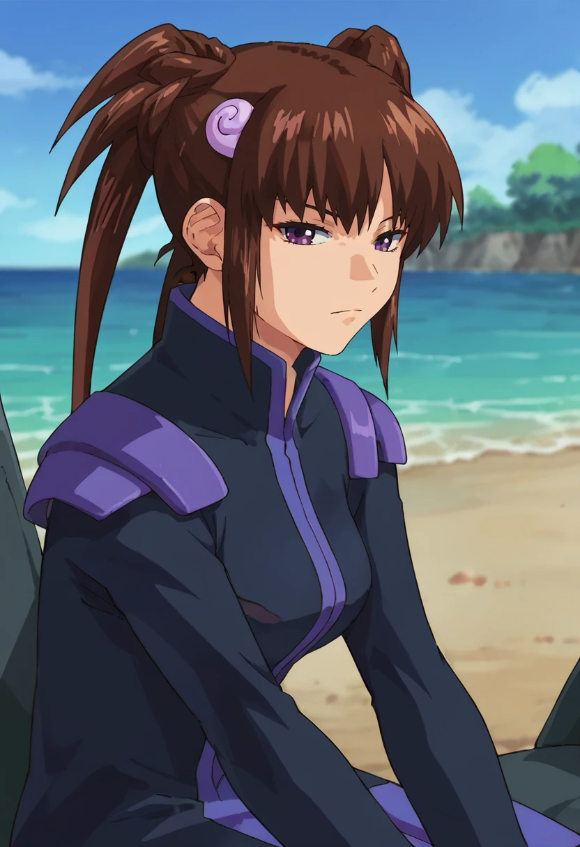 score_9,score_8_up,score_7_up,anime coloring BREAK source_anime,anime,<lora:ayase_terada_S-CRY-ed:0.8>,ayaset,1girl,solo,brown hair,spiked hair,purple eyes,hair ornament,navyblue coat,bodysuit,expressionless,sitting,looking at viewer,outdoors,ocean,from side,