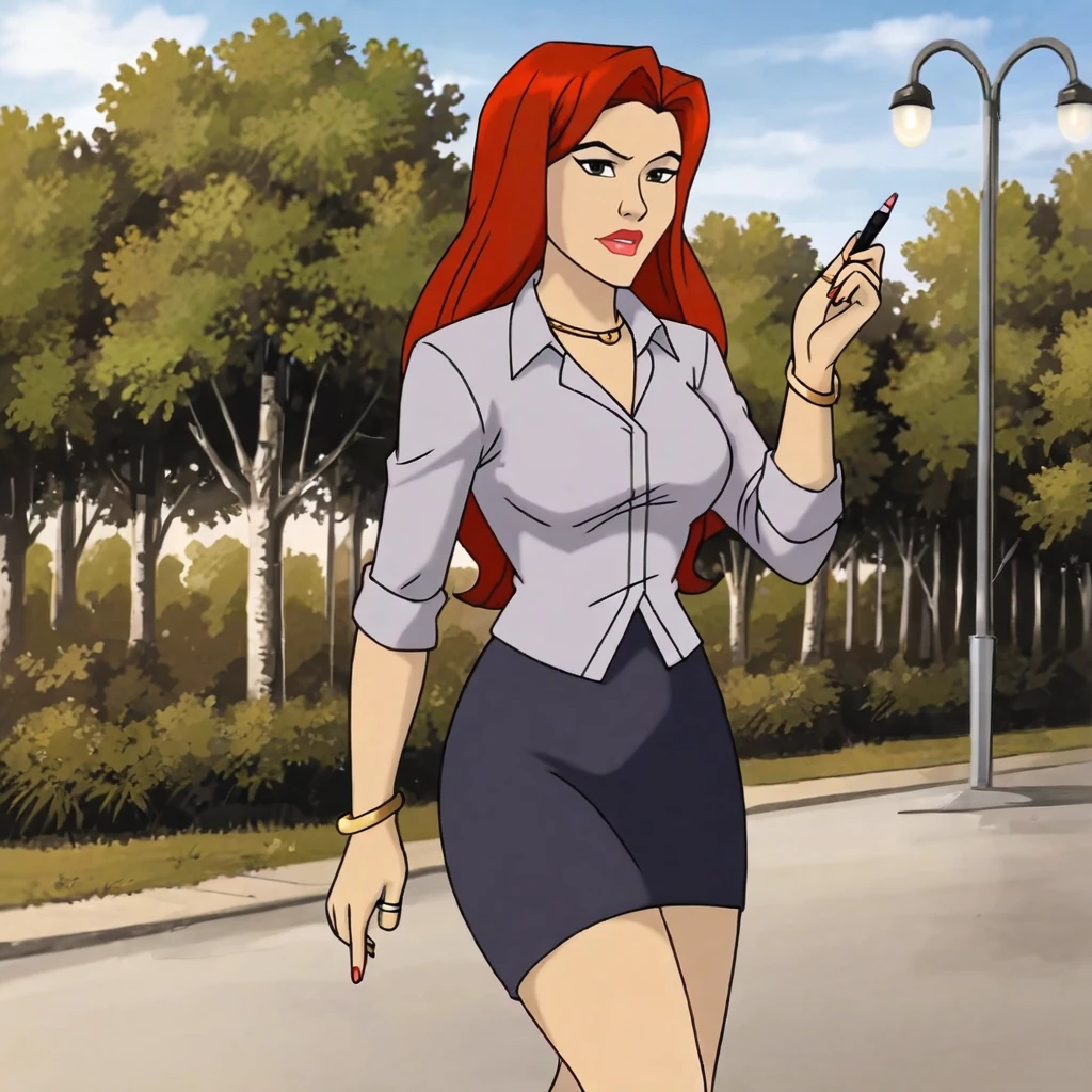 <lora:jeangreyxmenevolution_pony_v1:.7>jeangreyEveryDayEvolution, 1girl, jewelry, pencil skirt, long hair, red hair, ring, necklace, bracelet, lipstick, large breasts,  makeup