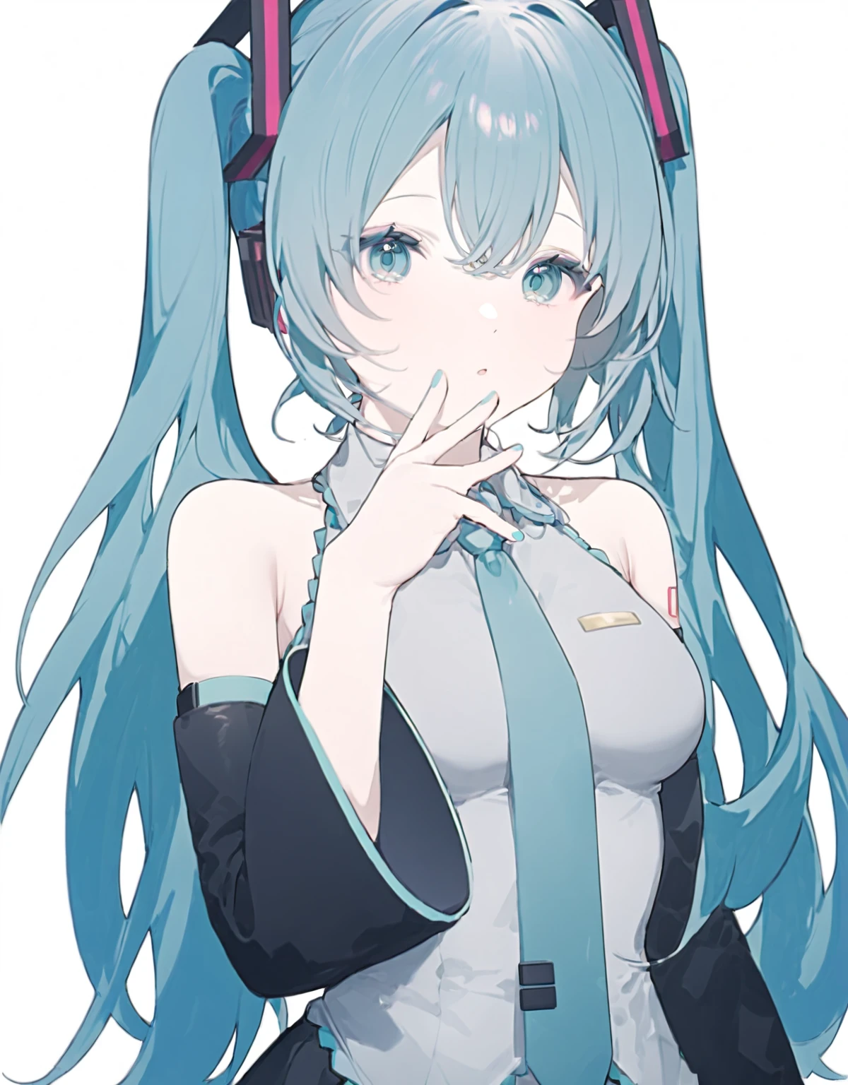 <lora:viola:1>,1girl, hatsune miku, solo, long hair, twintails,necktie, detached sleeves, aqua hair, aqua eyes, white background, shirt, simple background, hair ornament, upper body, black sleeves, sleeveless,, masterpiece,newest,absurdres,safe,