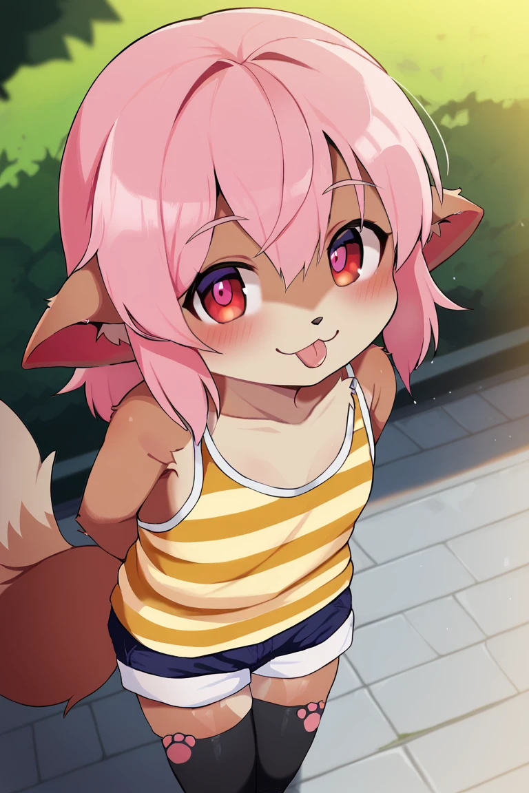 solo, 1girl, female, furry, brown fur, two-tone fur, short hair, pink hair, flat chest, red eyes, dog ears, dog tail, cute face, detailed eyes, perfect eyes, perfect anatomy, detailed skin, perfect hands, perfect face, BREAK short shorts, blue shorts, sleeveless shirt, striped shirt, black thighhighs, pink paw pattern, BREAK looking at viewer, tongue out, blush, school entrance, outdoors, colorful, view from above, BREAK ((ultra-detailed)), ((best quality)), ((best quality)), ((beautiful eyes)), ((extremely detailed)), 4K, (8K), best quality, (beautiful), Master piece, highres, score_9, score_8_up, score_7_up, score_6_up, score_5_up, score_4_up, colorful, best quality, official art, highres, masterpiece, nai3, god light, detailed background, high quality background, AddXL, <lora:more_details:1> <lora:light_sharp_style_magin3.1:1>  <lora:Momo_Dagasi:1>