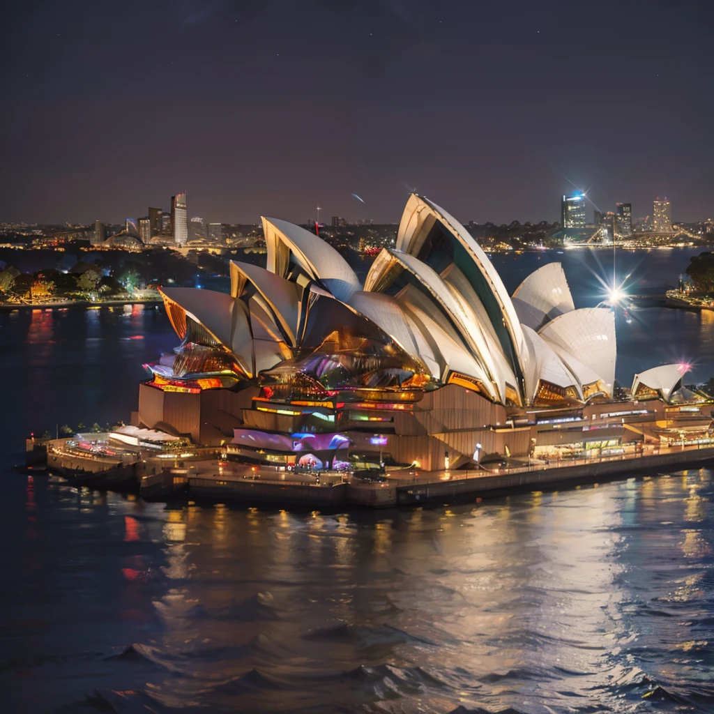 ((masterpiece,best quality)), absurdres,  BREAK,    <lora:Sydney_Opera_House:0.8>, high resolution, highly detailed,  Sydney Opera House, sky, water, tree, night, night sky, reflection, city, cityscape,